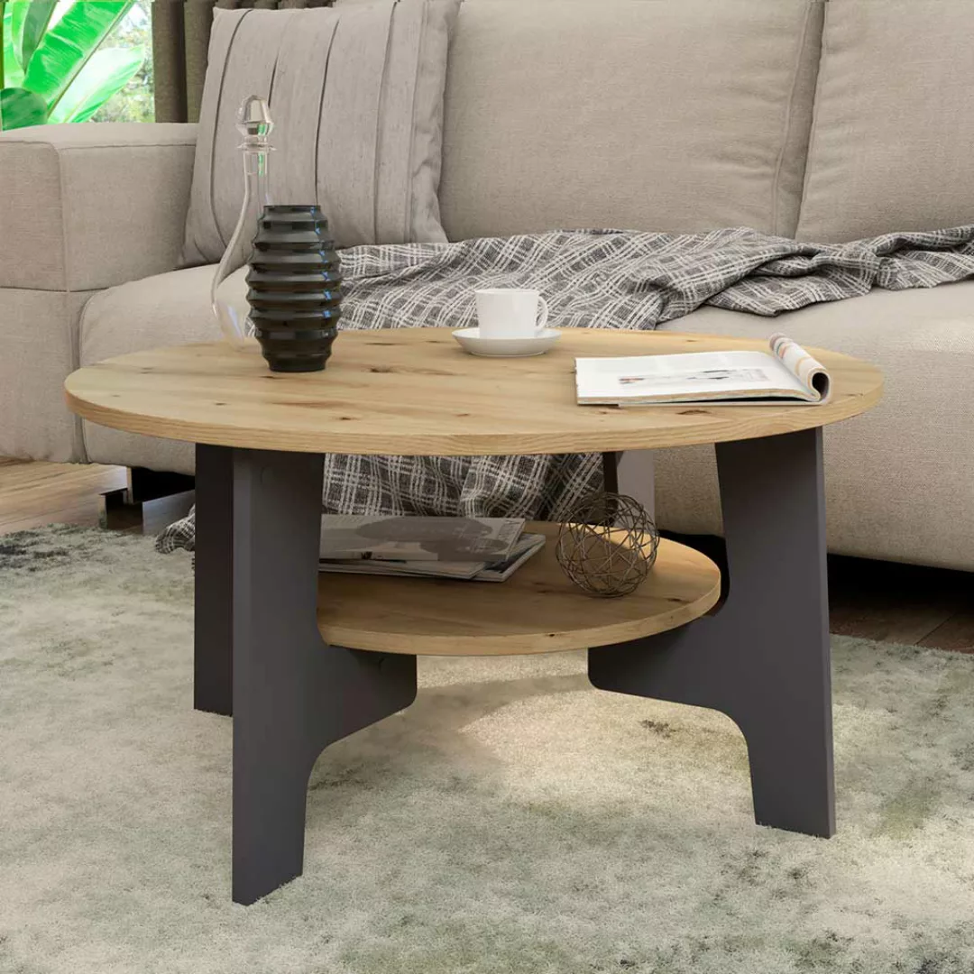 Wohnzimmer Tisch mit Ablage in Wildeichefarben Dunkelgrau günstig online kaufen
