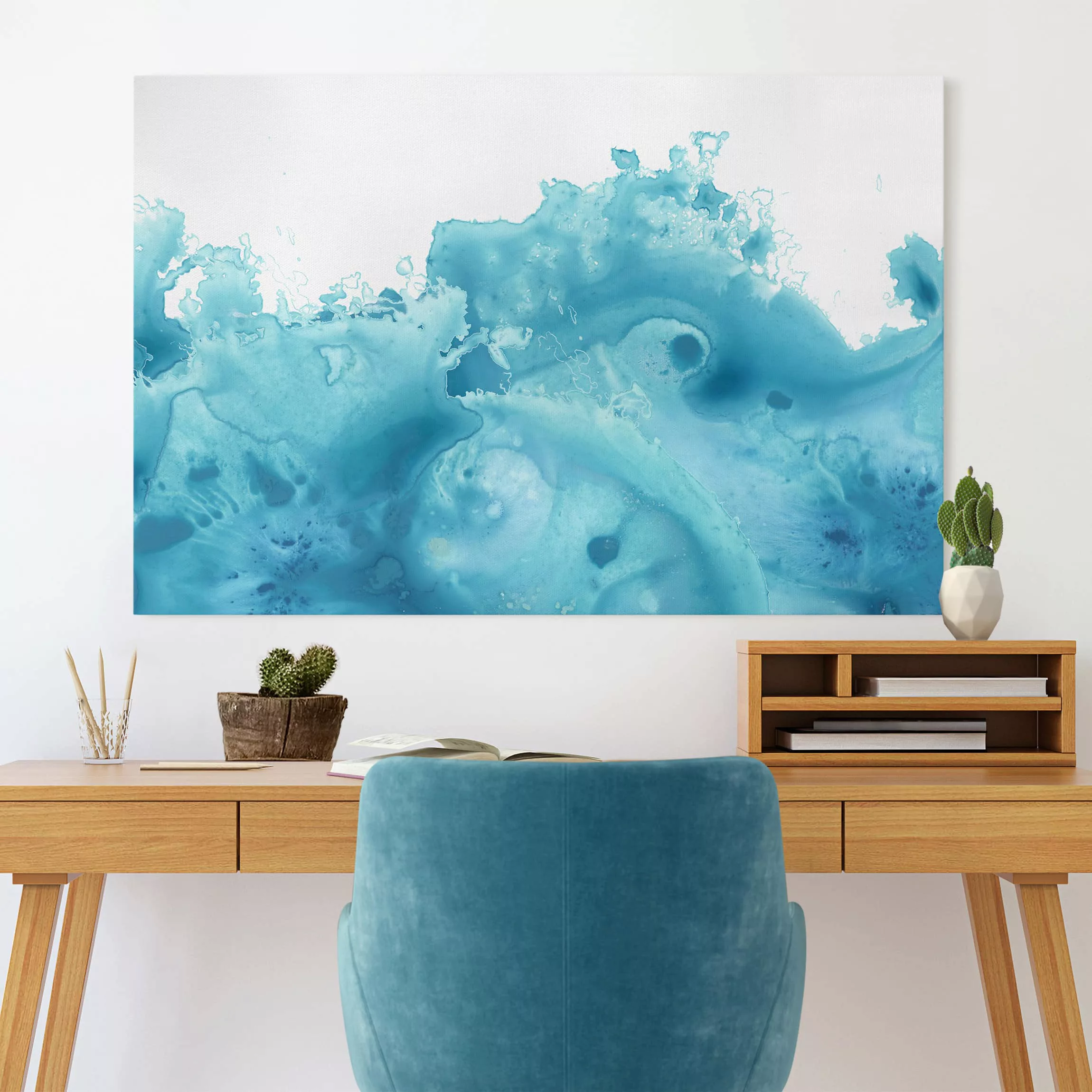 Leinwandbild Abstrakt - Querformat Welle Aquarell Türkis I günstig online kaufen