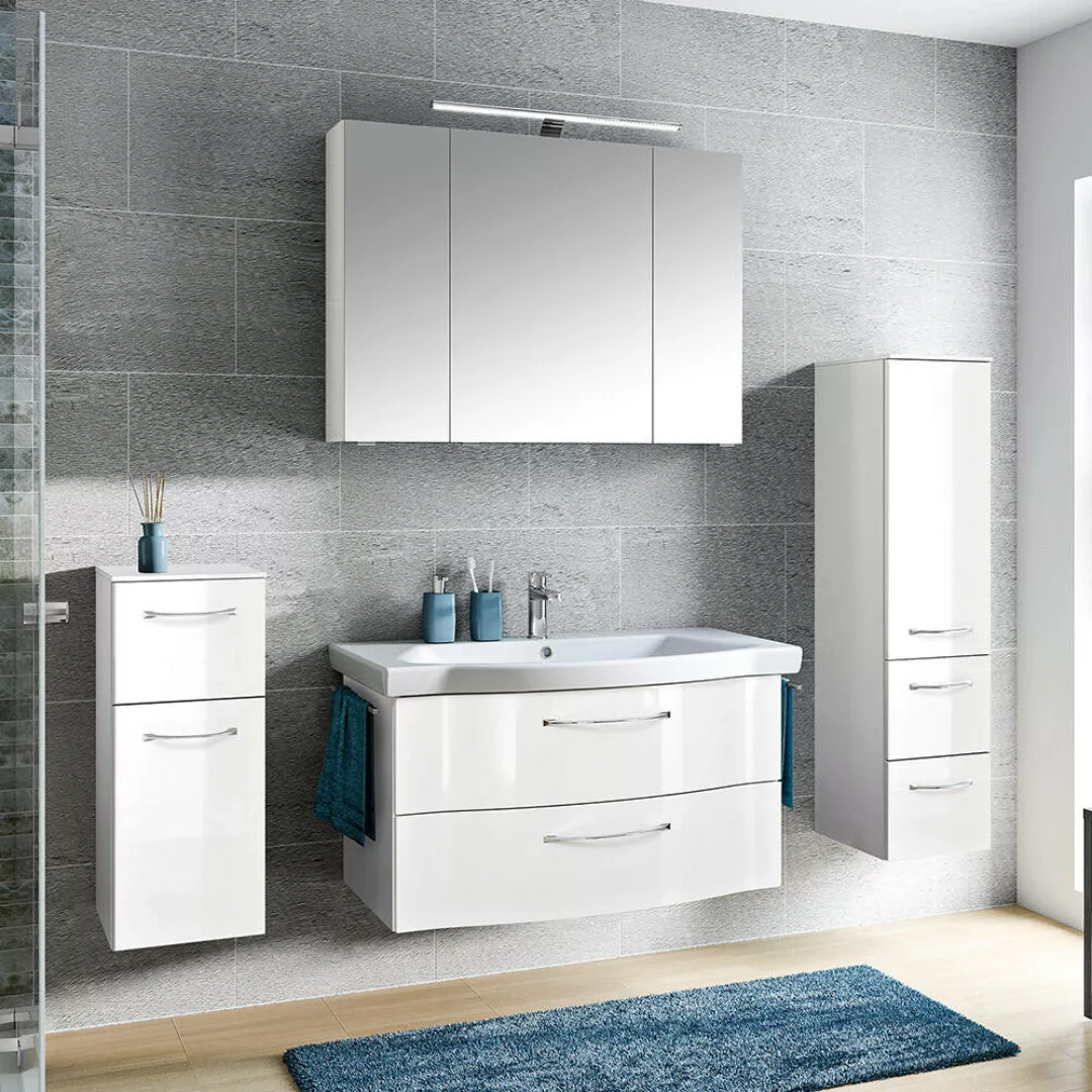 Badezimmer Komplett Set mit 97cm Waschtisch in weiß Hochglanz SOLINGEN-66, günstig online kaufen
