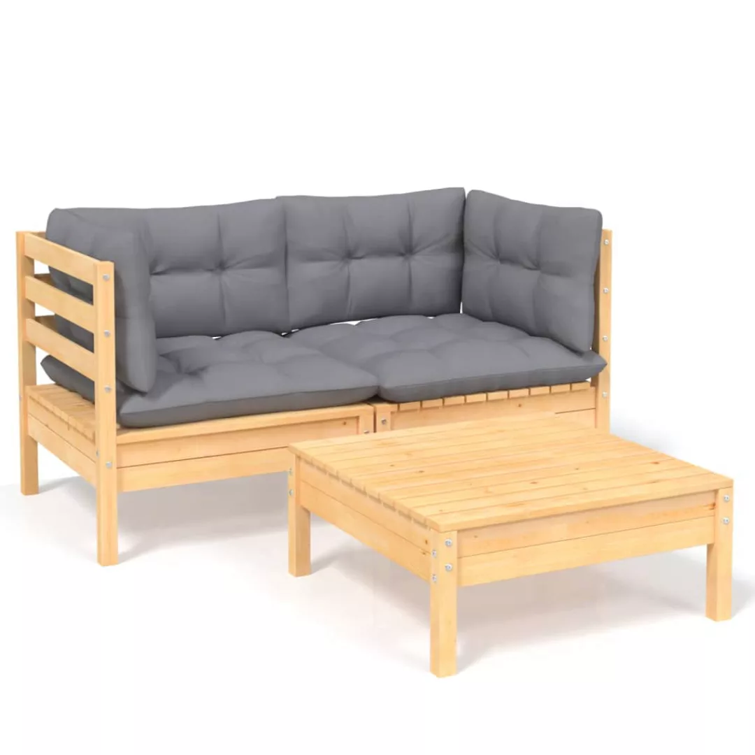 3-tlg. Garten-lounge-set Mit Grauen Kissen Kiefernholz günstig online kaufen