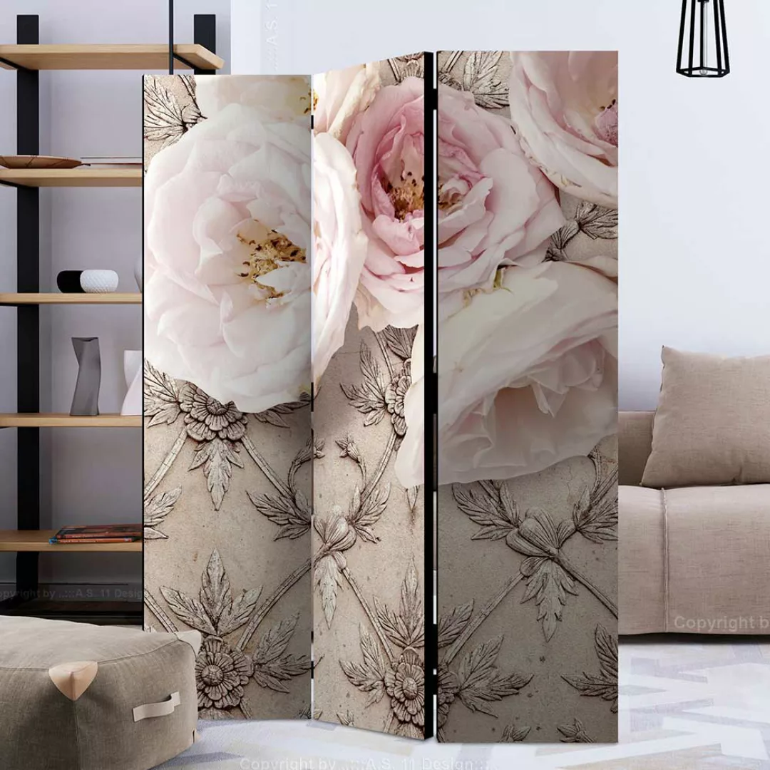 Paravent Umkleide in Beige und Rosa Rosen Motiv günstig online kaufen