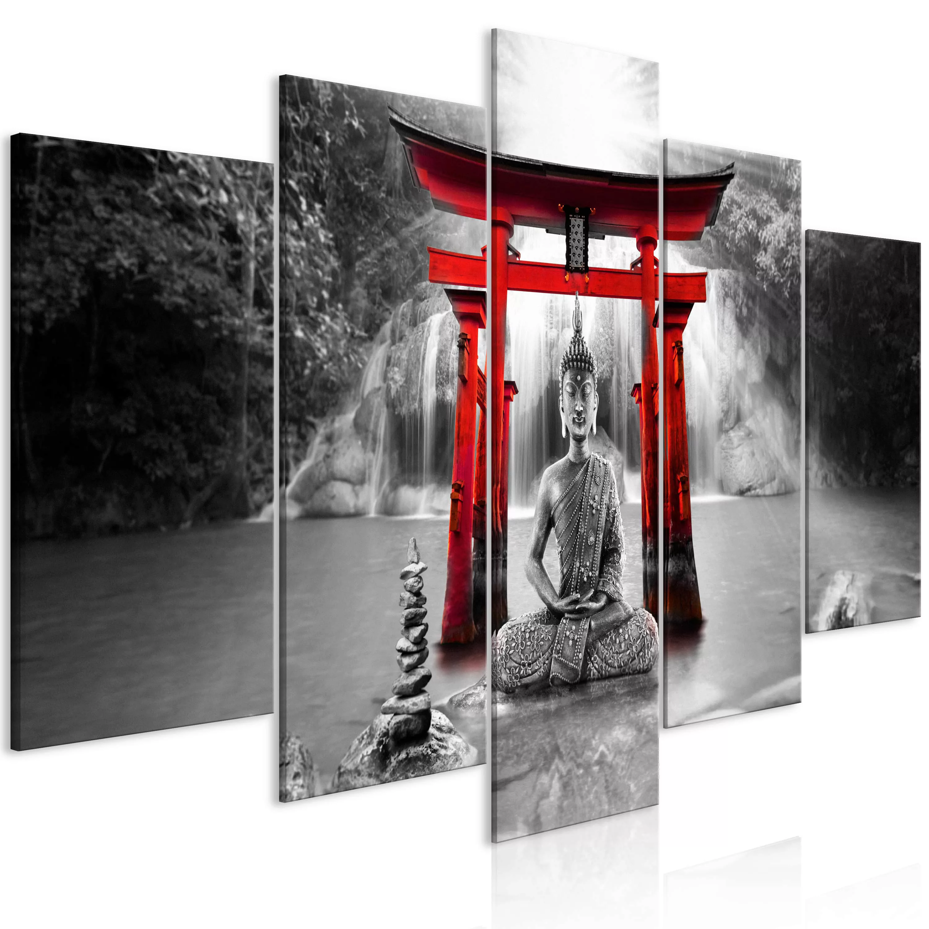 Wandbild - Buddha Smile (5 Parts) Wide Red günstig online kaufen