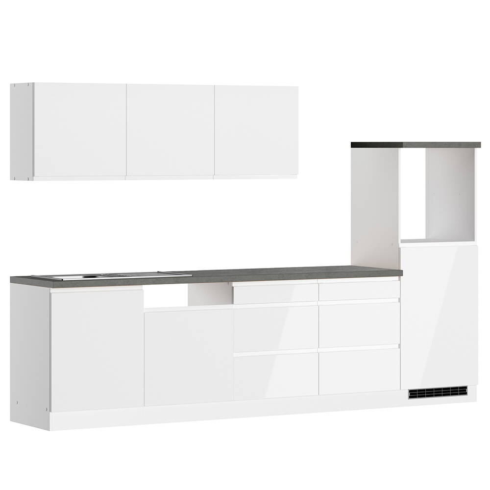Küchenzeile 300 cm in Hochglanz weiß, Arbeitsplatte Betonoptik MARSEILLE-03 günstig online kaufen