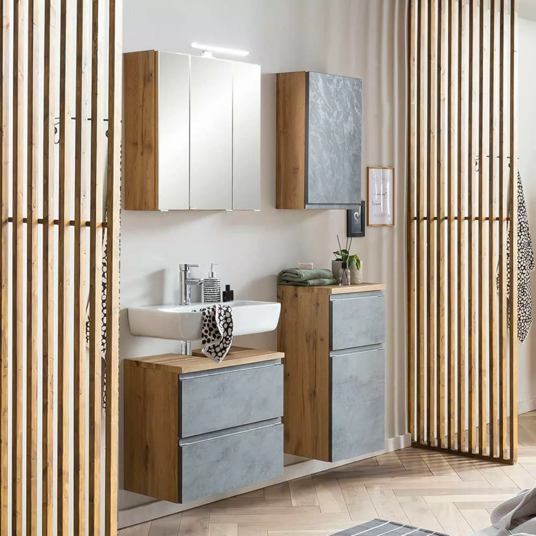 Badezimmermöbel modern in Wildeichefarben Beton Grau (vierteilig) günstig online kaufen