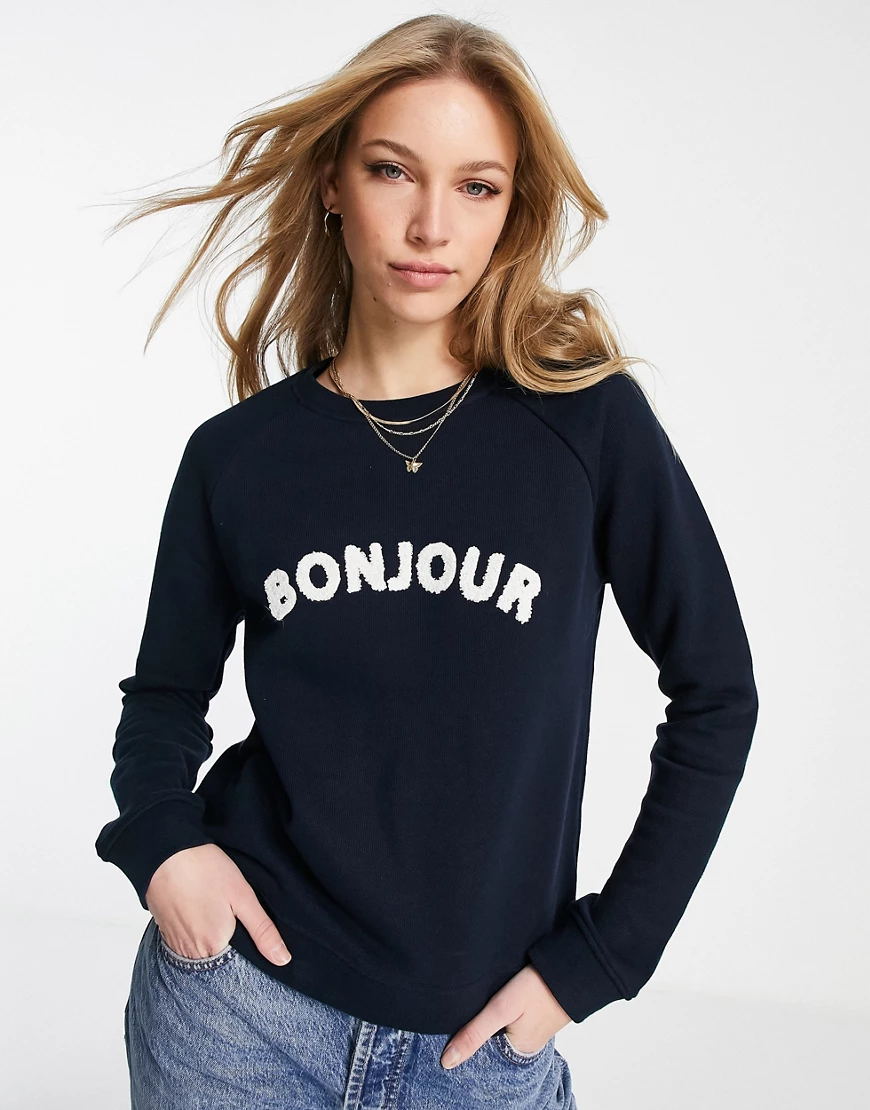 Whistles – Sweatshirt in Marineblau mit „Bonjour“-Schriftzug günstig online kaufen