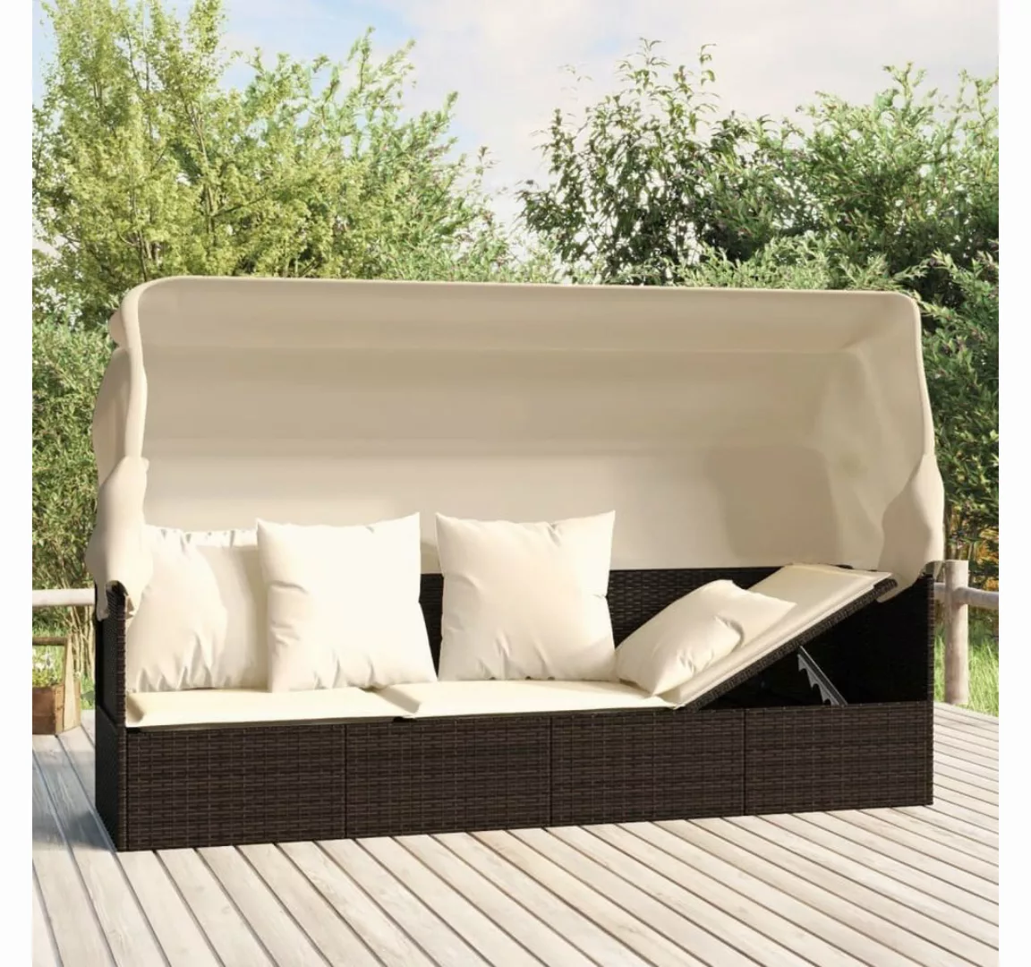 furnicato Bett Outdoor-Loungebett mit Dach und Kissen Braun Poly Rattan günstig online kaufen