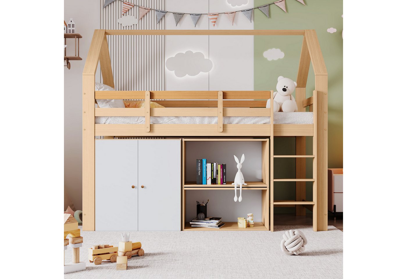 TavilaEcon Etagenbett Hausbett Kinderbett mit 2 Regalen und Aufbewahrungssc günstig online kaufen