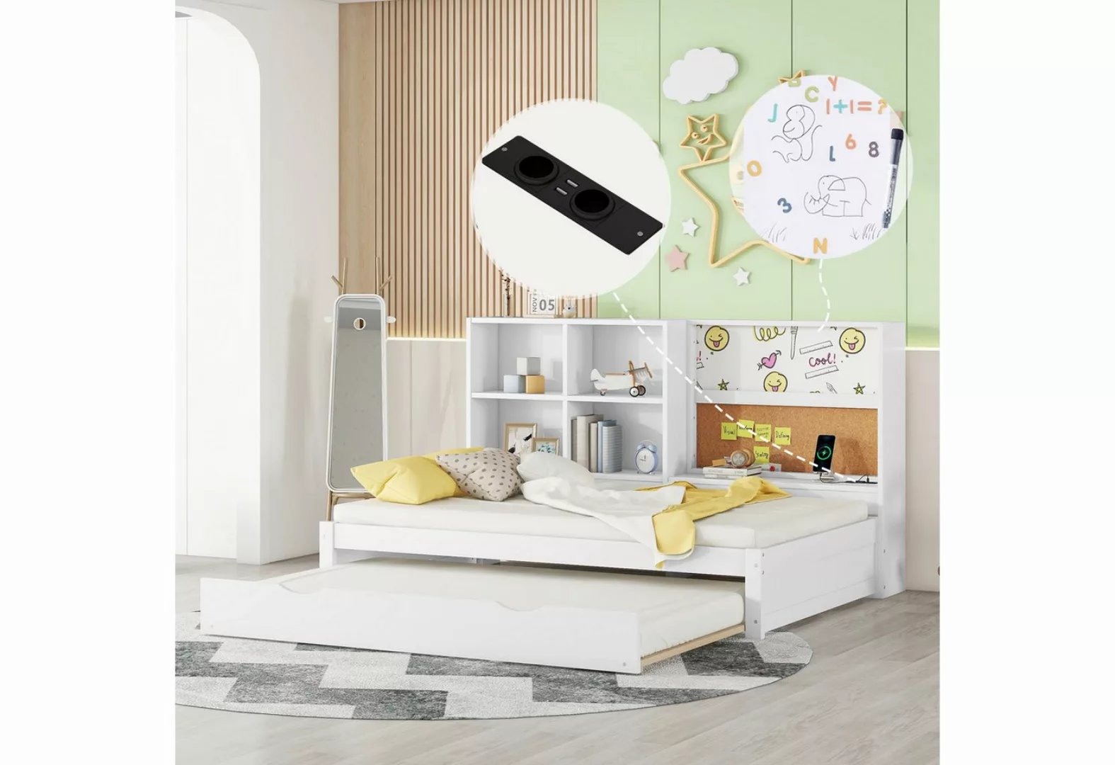 Flieks Daybett, Kinderbett 90x200cm mit Ausziehbett 90x190cm/ USB-Laden/ Ze günstig online kaufen