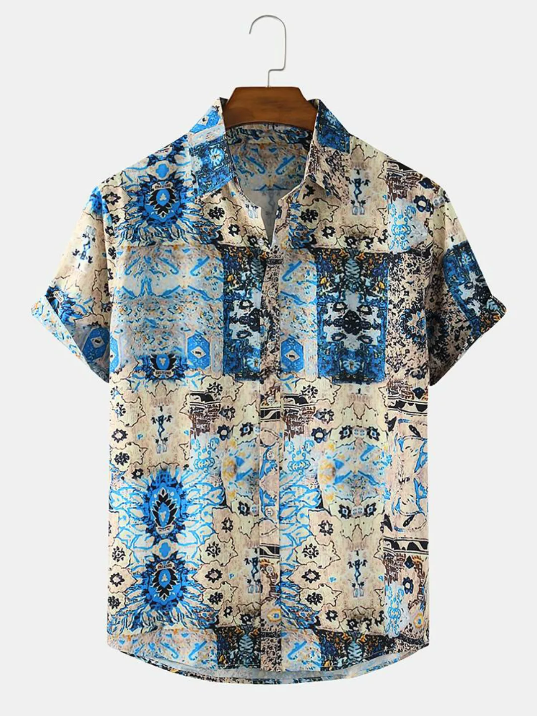 Herren Ethnischer Druck Lässig Loose Light Revers Kragen Kurzarm Shirts günstig online kaufen