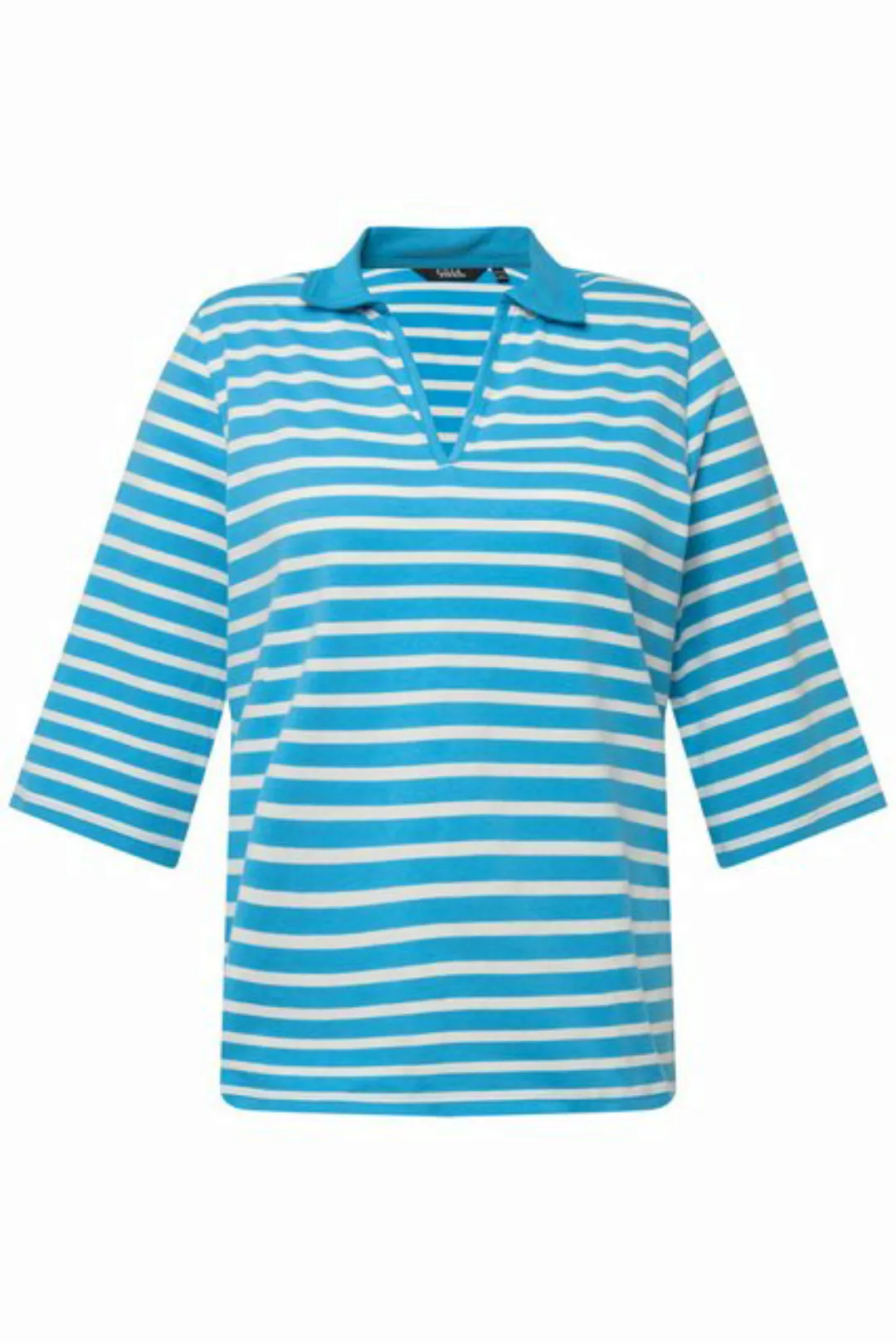 Ulla Popken Poloshirt Poloshirt Ringel V-Ausschnitt 3/4-Arm günstig online kaufen