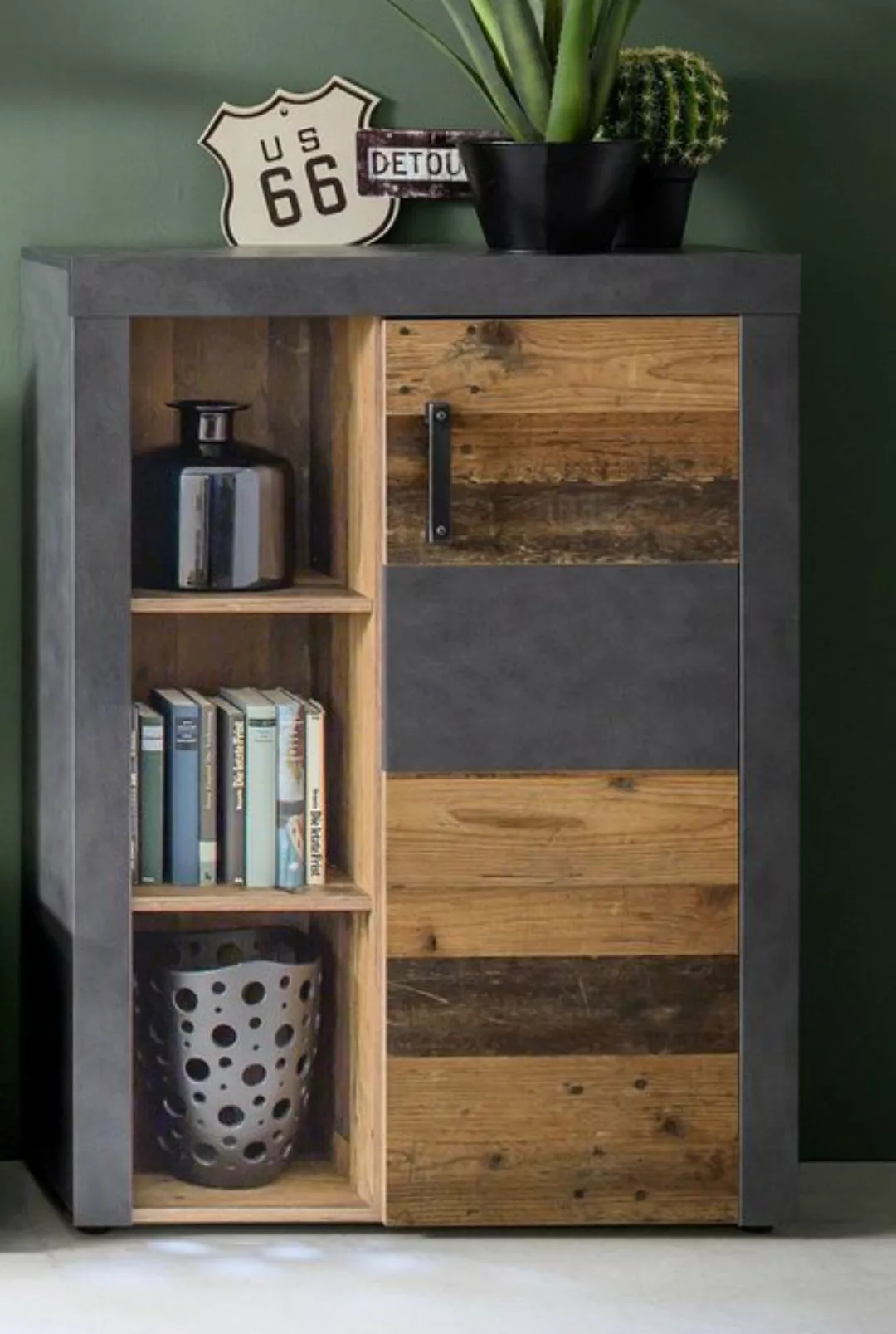 trendteam Vitrine Highboard Kommode Indy, Old Used Wood / Matera grau, LED günstig online kaufen