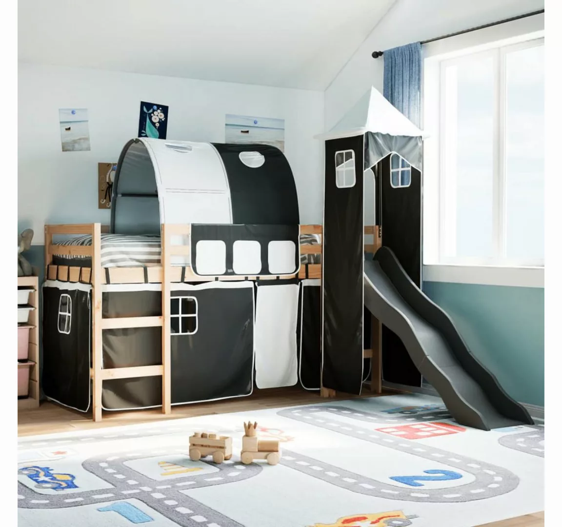 vidaXL Bett, Kinderhochbett mit Turm Weiß & Schwarz 80x200 cm Kiefernholz günstig online kaufen