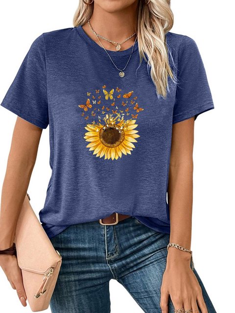 PYL Kurzarmshirt Damen Sommer Kurzarmbluse Locker Sonnenblume Print-Shirt günstig online kaufen