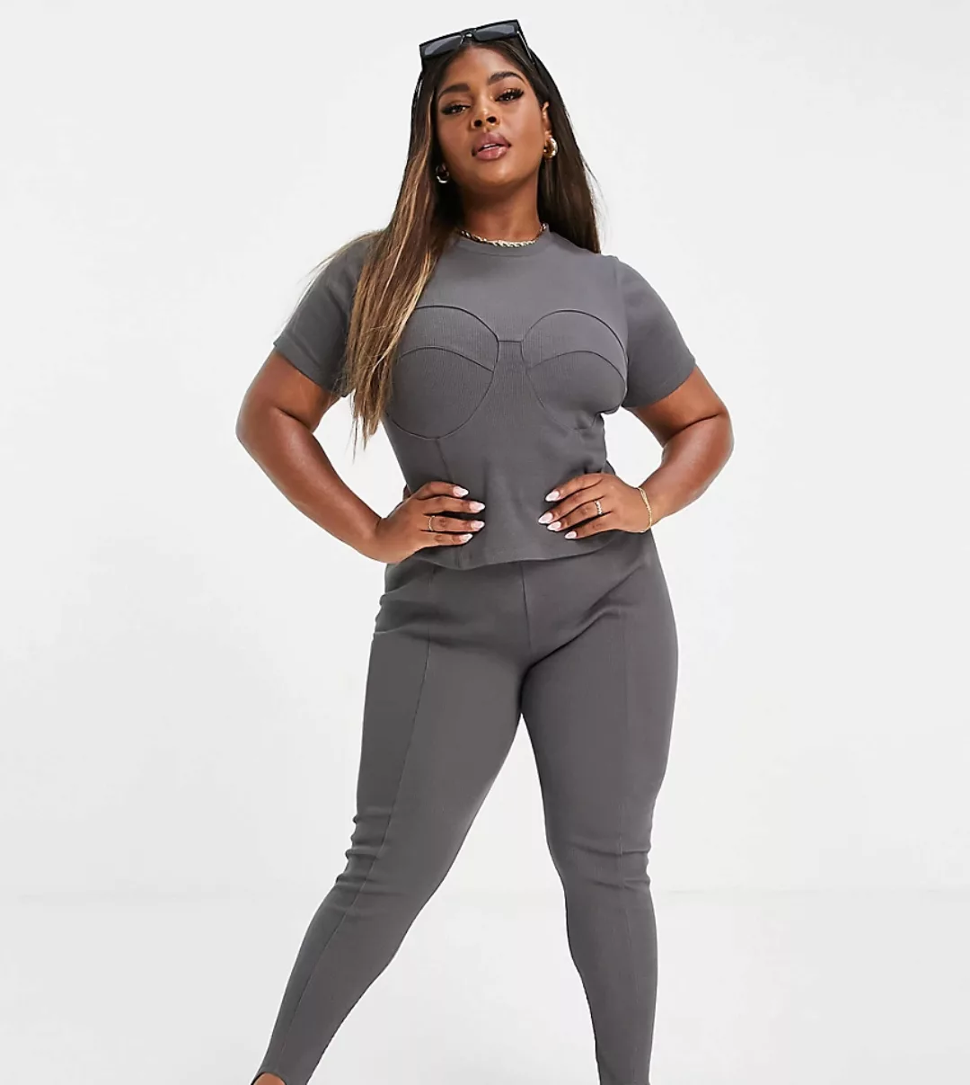 ASOS DESIGN Curve – Gerippte Contour-Leggings mit Steg-Schwarz günstig online kaufen