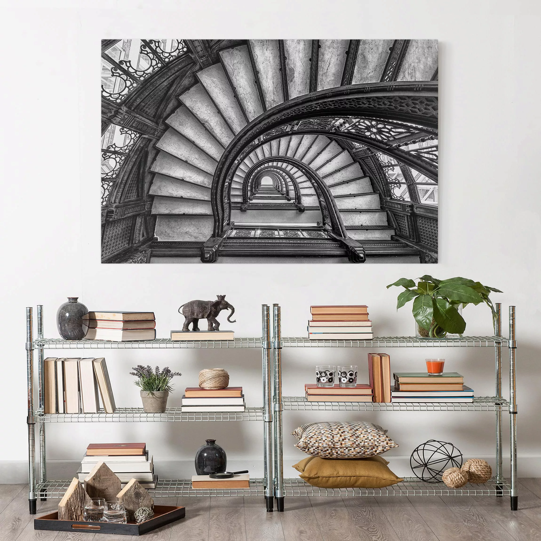 Leinwandbild Schwarz-Weiß - Querformat Chicagoer Treppenhaus günstig online kaufen