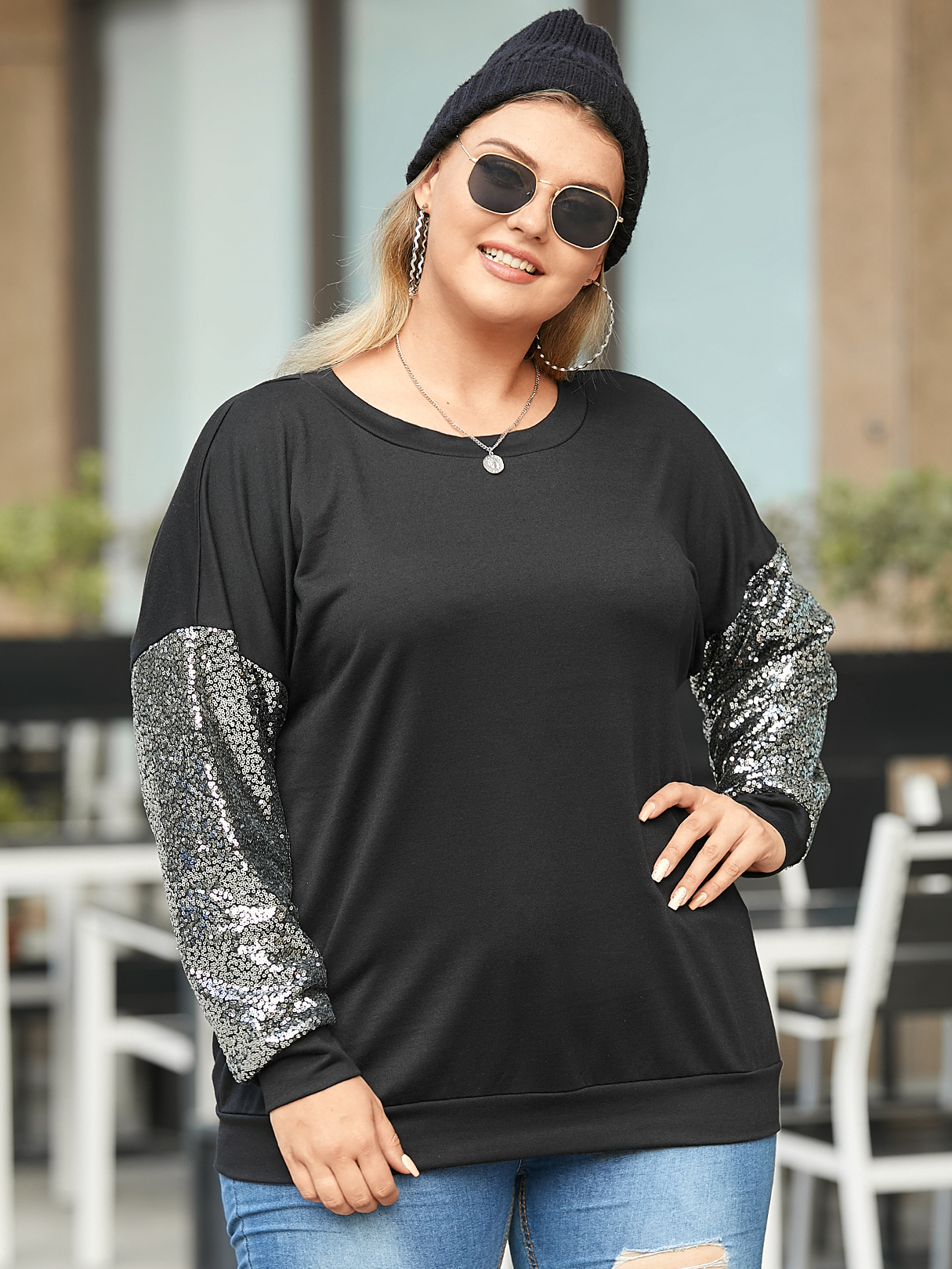 YOINS Plus Größe Pailletten Patchwork Pullover mit langen Ärmeln günstig online kaufen