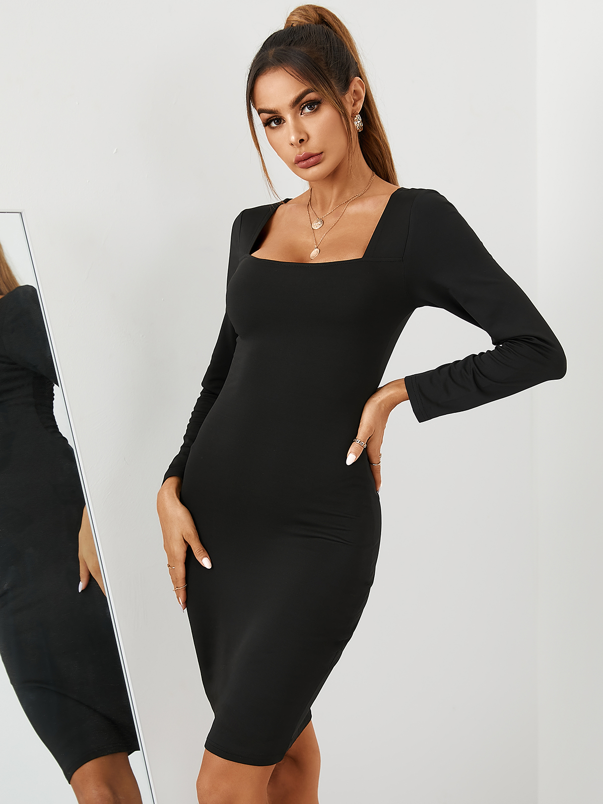 YOINS BASICS Black Square Neck Langarm Bodycon Midi Kleid günstig online kaufen