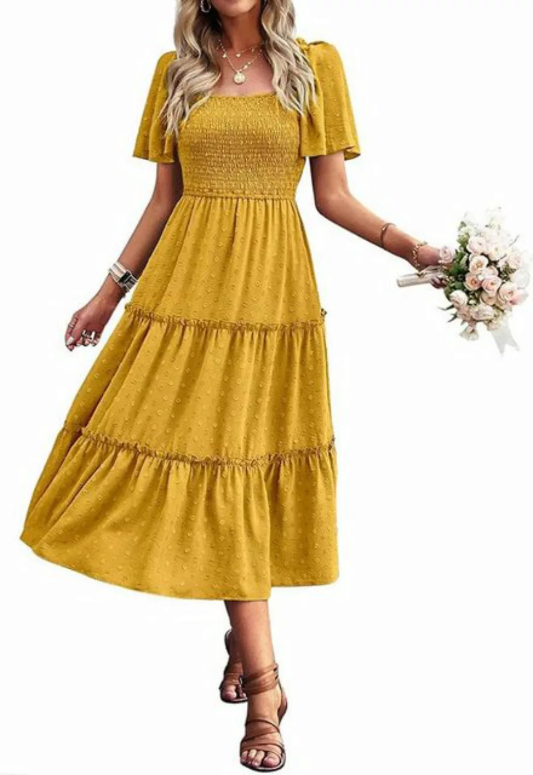 KIKI A-Linien-Kleid Damen Smocked Kurzarm U-Ausschnitt Sommerkleid A-Linie günstig online kaufen