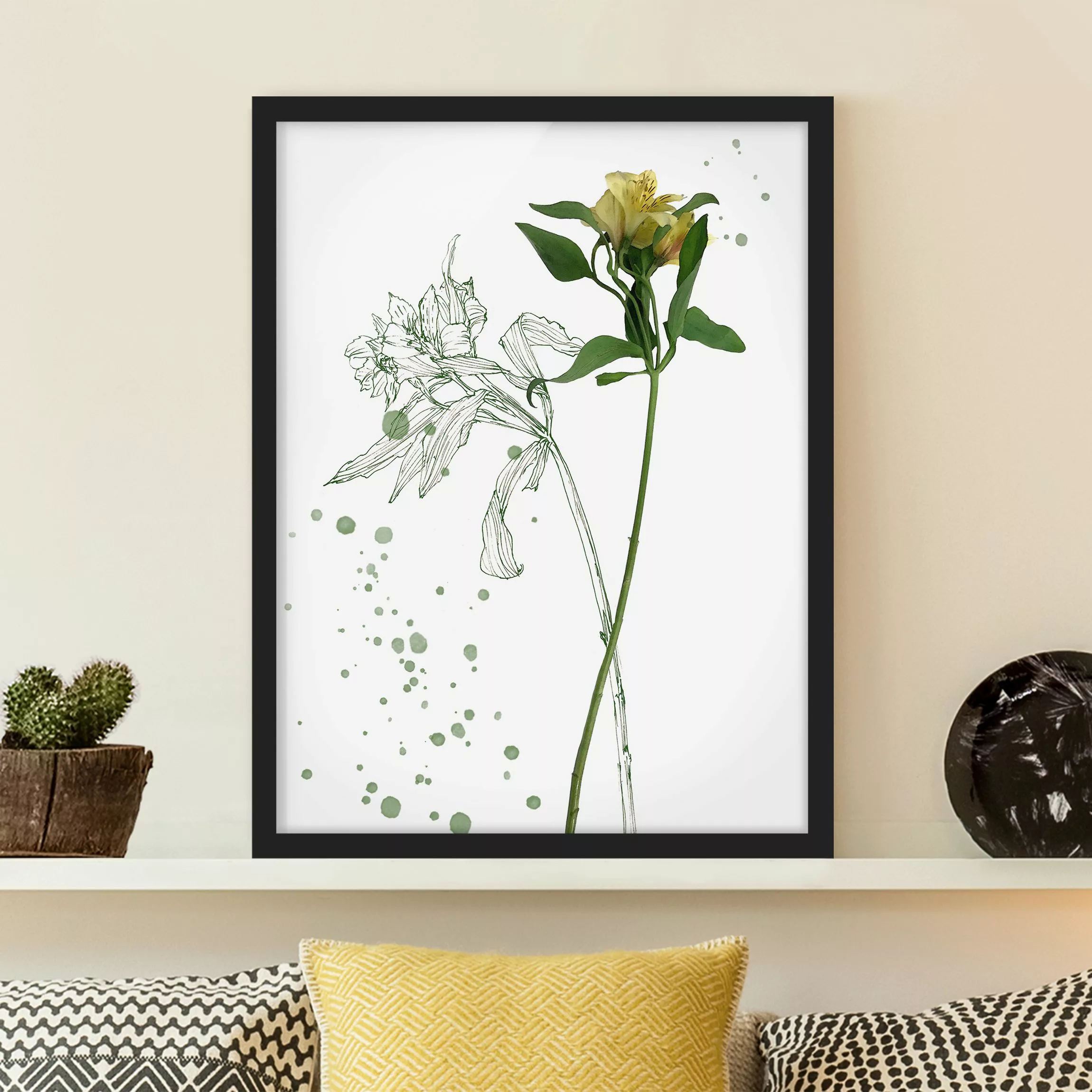 Bild mit Rahmen Blumen - Hochformat Botanisches Aquarell - Lilie günstig online kaufen