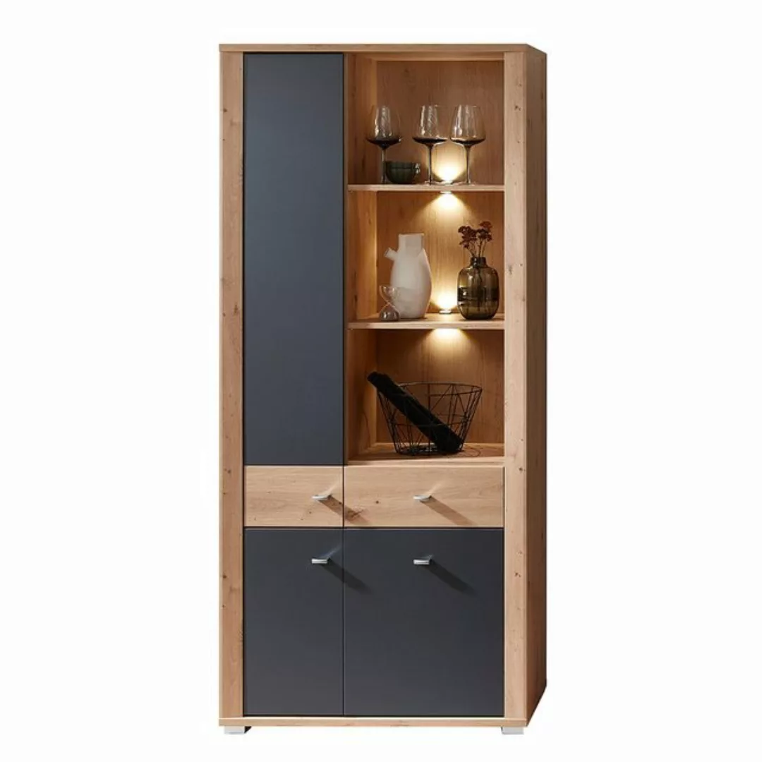 Lomadox Vitrine PRESTON-36 inkl. LED Beleuchtung, graphit mit Eiche, ca. 86 günstig online kaufen