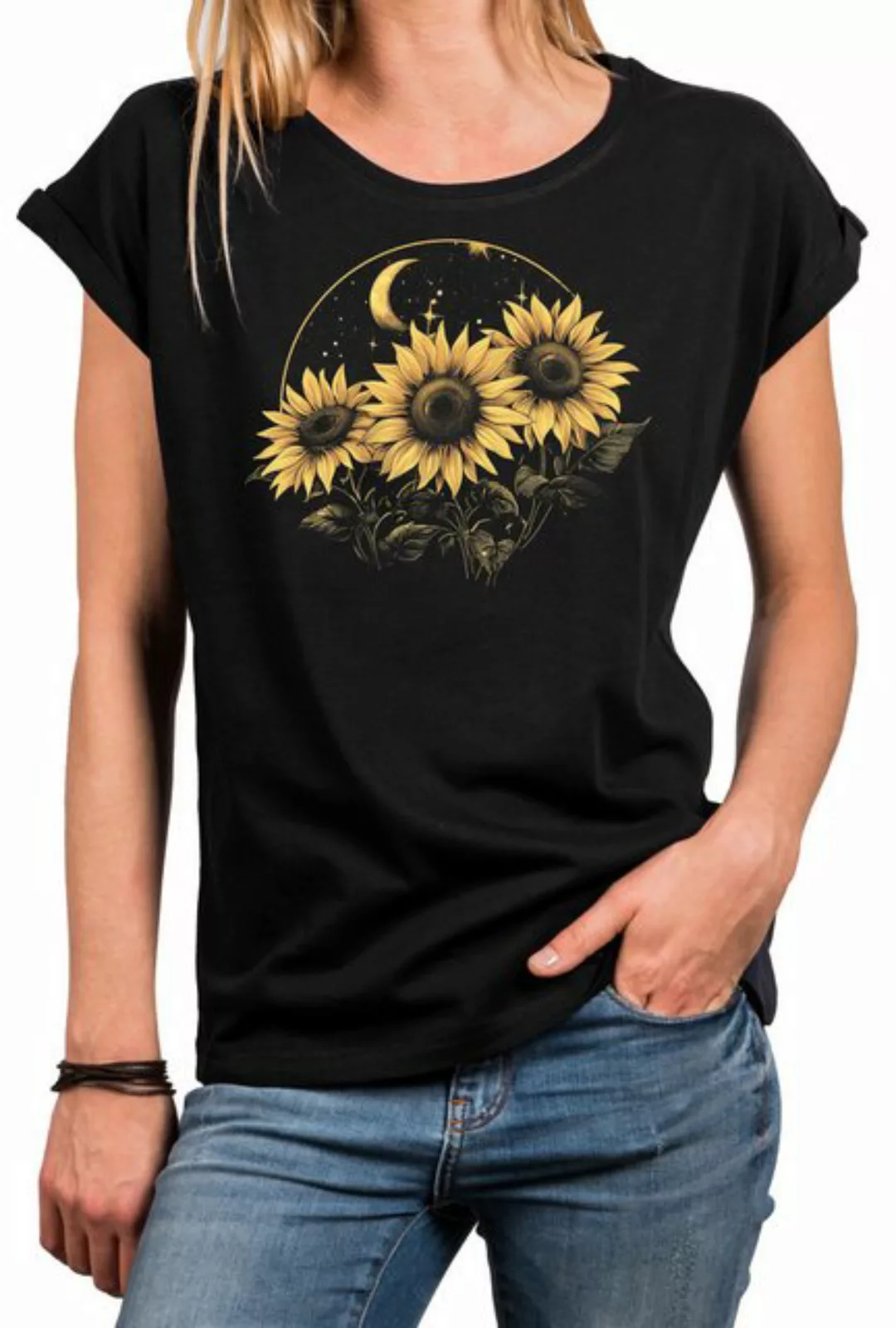 MAKAYA Kurzarmshirt Damen Blumenprint Sonnenblumen Mond Sterne Flower Power günstig online kaufen