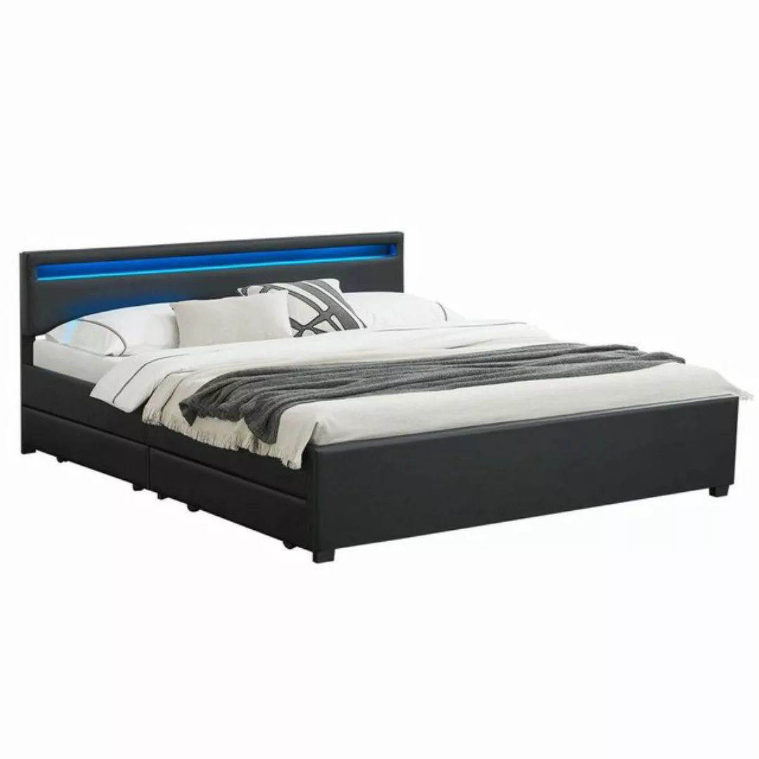 Juskys Polsterbett Lyon, 180x200 cm, ausziehbare Bettkästen, LED-Licht, gep günstig online kaufen