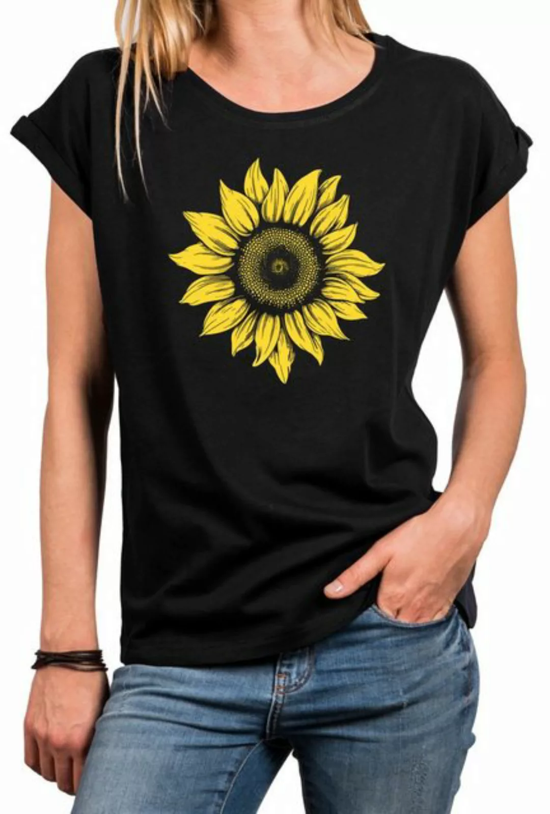MAKAYA Print-Shirt Damen Blumenpint Sonnenblume Blumen Motiv Blumenmuster S günstig online kaufen