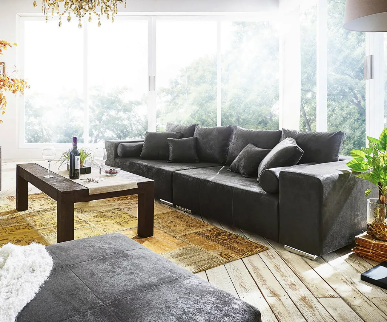 Big-Sofa Marbeya 285x115 cm Anthrazit Antik Optik 10 Kissen günstig online kaufen