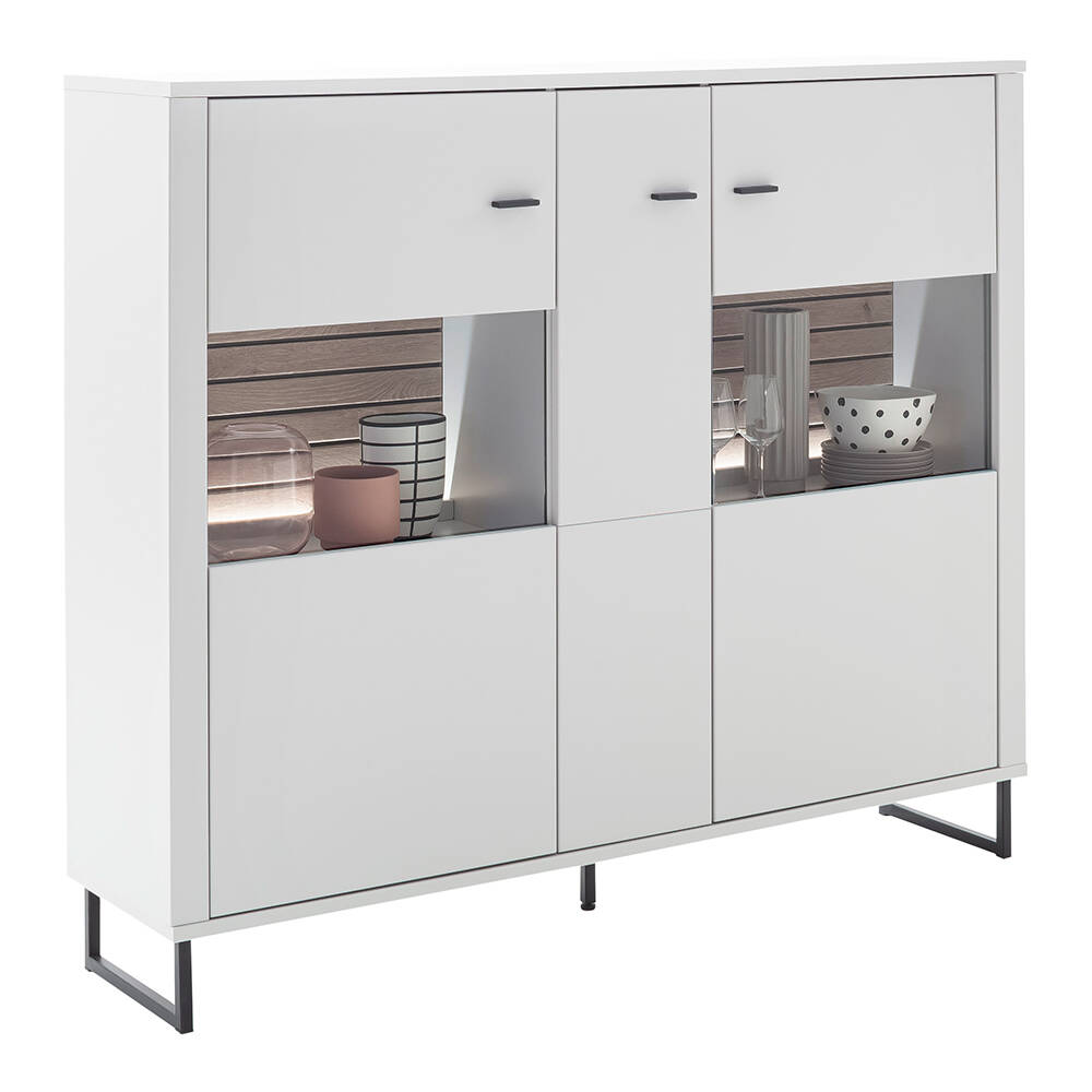 Highboard, weiß mit Eiche-Lamellen, LAUREANA-05, mit Beleuchtung günstig online kaufen