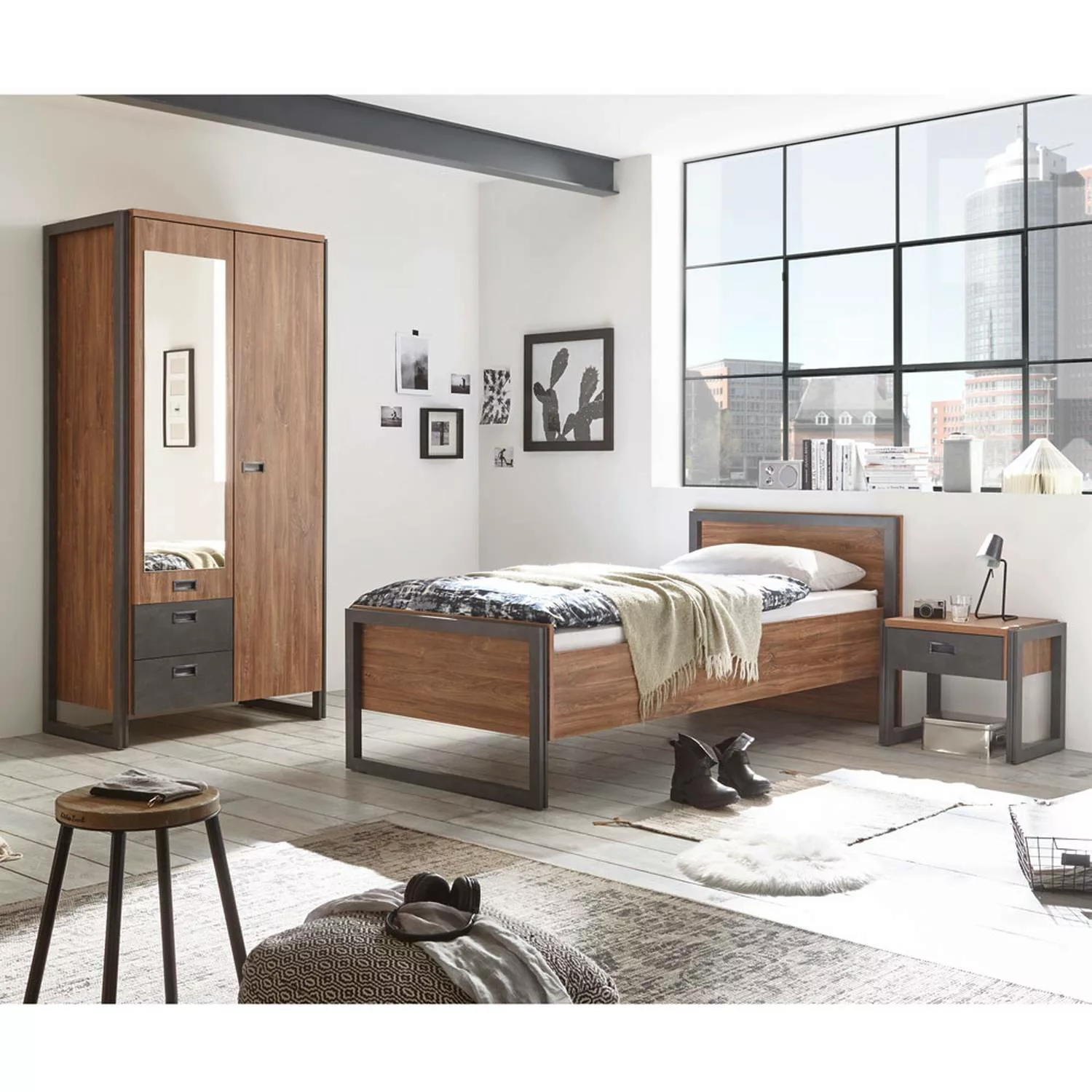 Schlafzimmer DALLAS-61 Komplettset im Industrial Stil mit Absetzungen in Ma günstig online kaufen