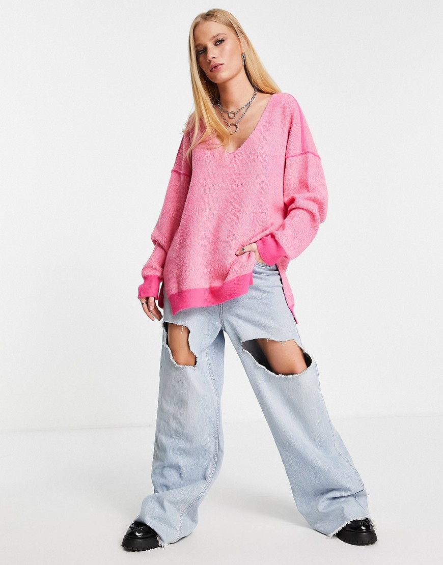 Free People – Sweather Weather – Rosa Pullover mit V-Ausschnitt günstig online kaufen