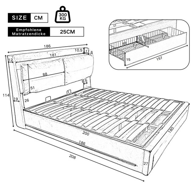 Flieks Polsterbett, LED Hydraulisches Stauraumbett Doppelbett 180x200cm Sam günstig online kaufen