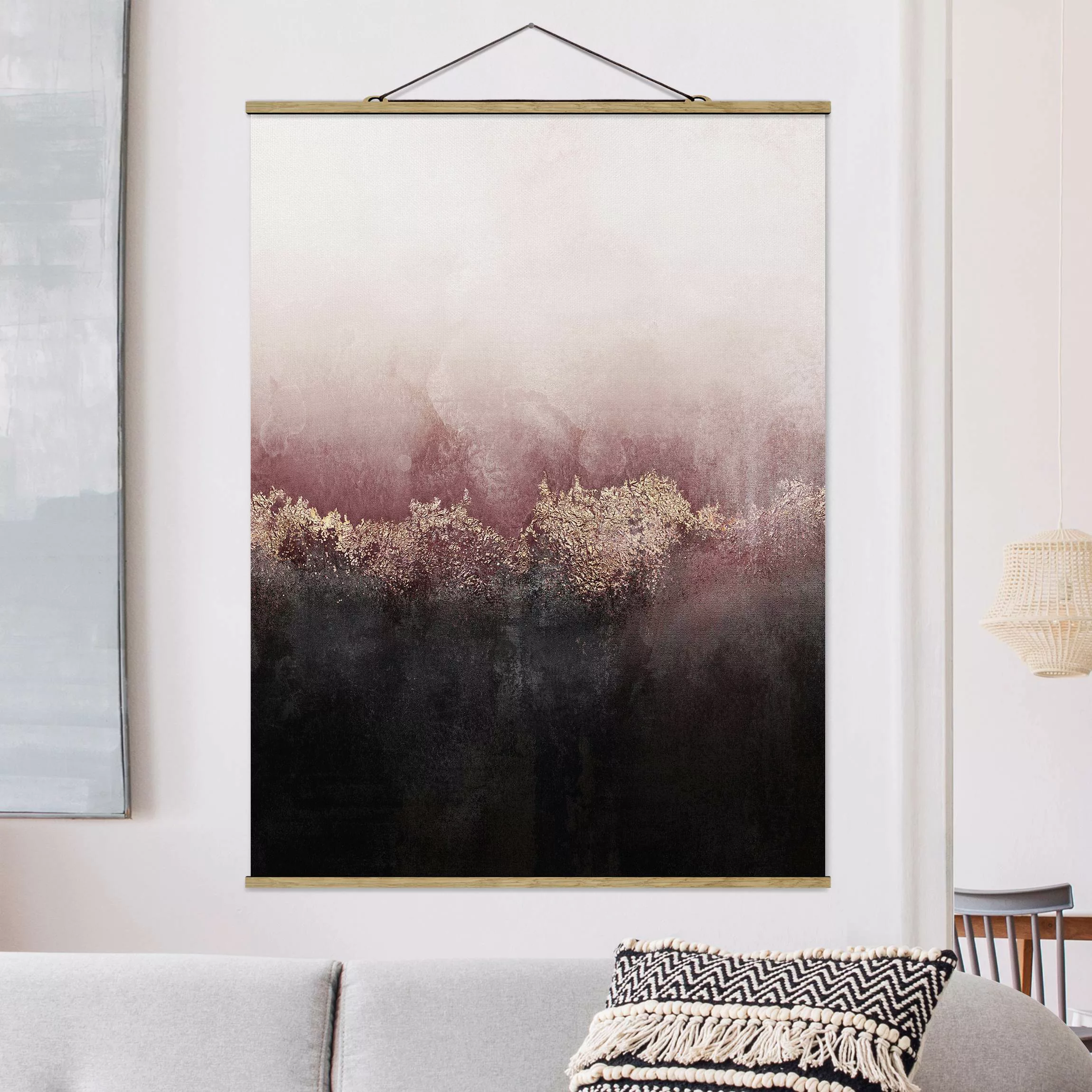 Stoffbild Abstrakt mit Posterleisten - Hochformat Goldene Dämmerung Rosa günstig online kaufen