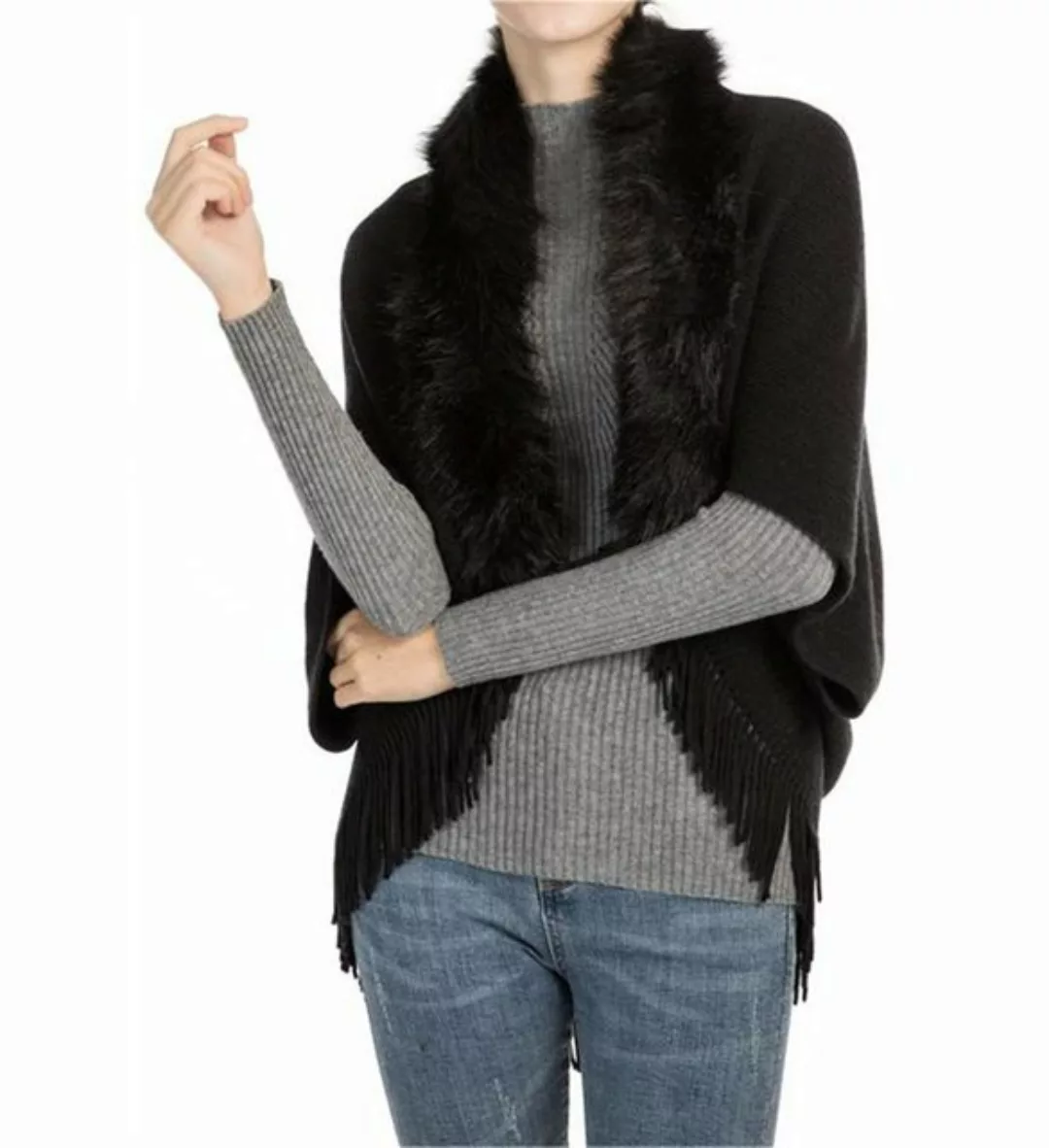 Rouemi Cape Damen Fransen Umhang Schal, Wolle Kragen warm gestrickt Schal J günstig online kaufen