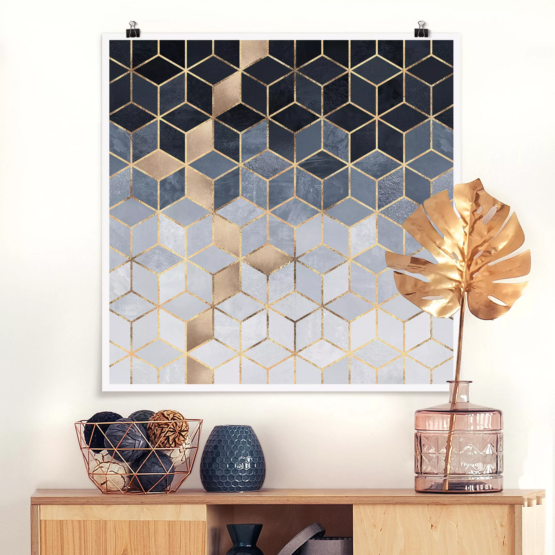 Poster Abstrakt - Quadrat Blau Weiß goldene Geometrie günstig online kaufen