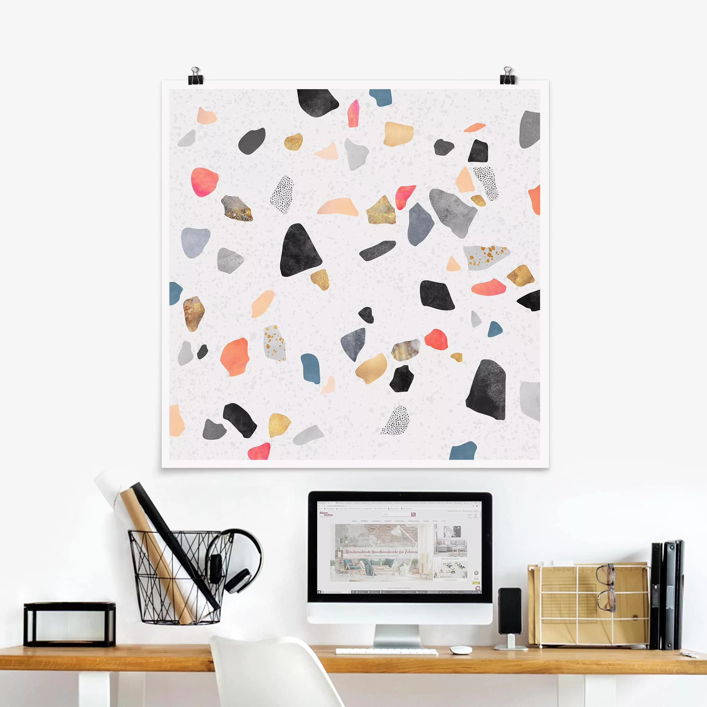 Poster Abstrakt - Quadrat Weißer Terrazzo mit Goldsteinchen günstig online kaufen