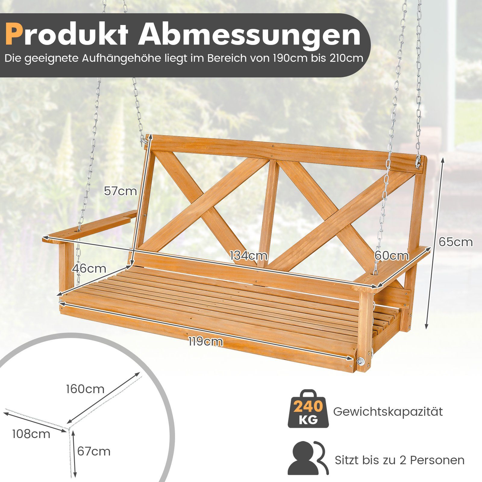 COSTWAY Hollywoodschaukel Hängebank, 2,00-Sitzer, aus Holz, günstig online kaufen