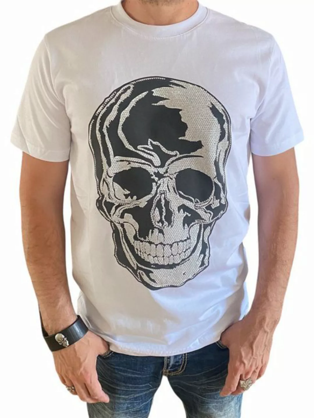 Aaron Bane Kurzarmshirt Shirt T-Shirt weiß Glitzer Skull Strass Steinchen T günstig online kaufen