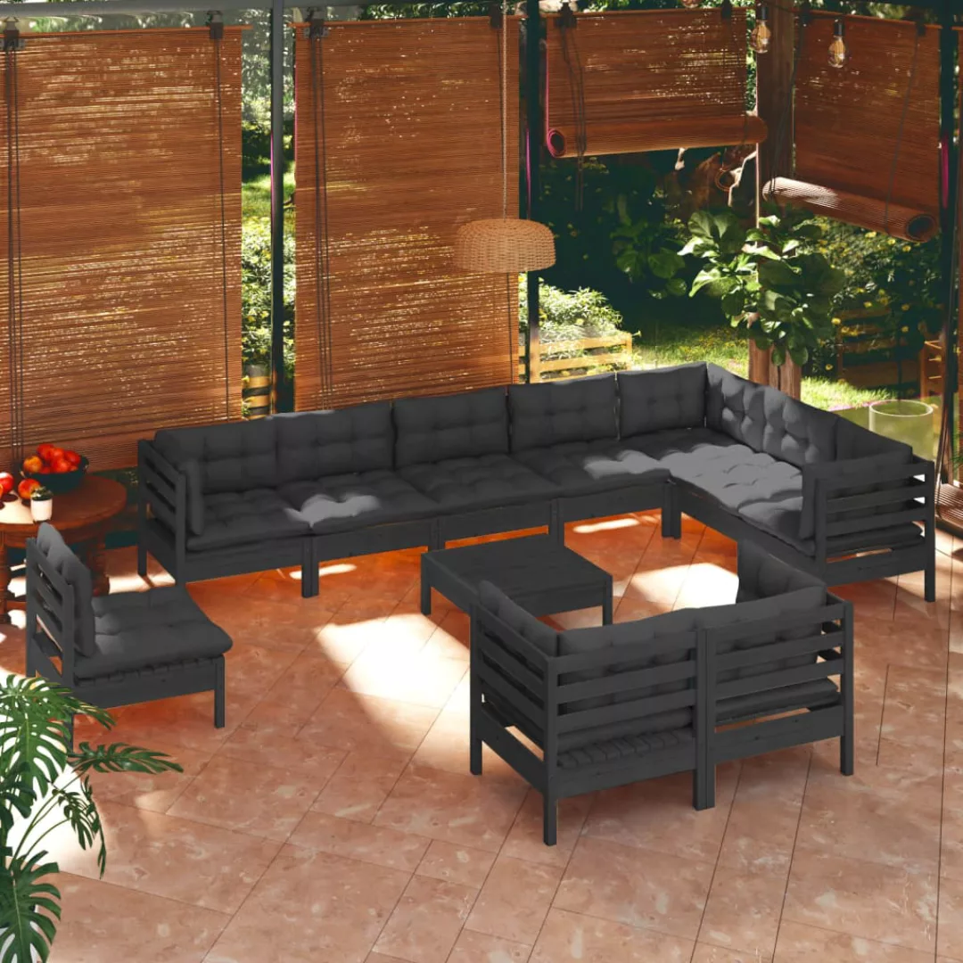 11-tlg. Garten-lounge-set Mit Kissen Schwarz Massivholz Kiefer günstig online kaufen