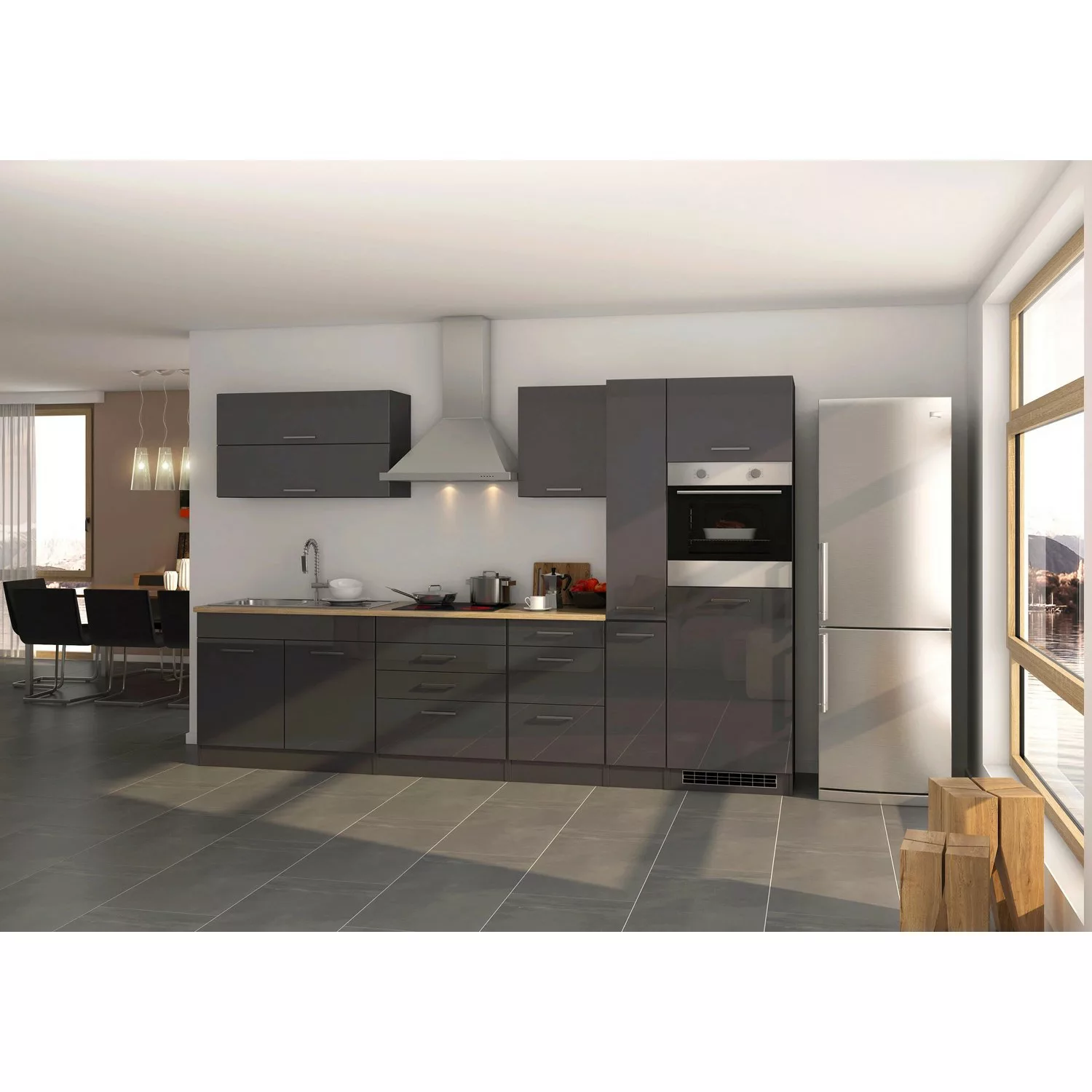 Held Möbel Küchenzeile Mailand 320 cm Grau Hochglanz-Grau Matt ohne E-Gerät günstig online kaufen