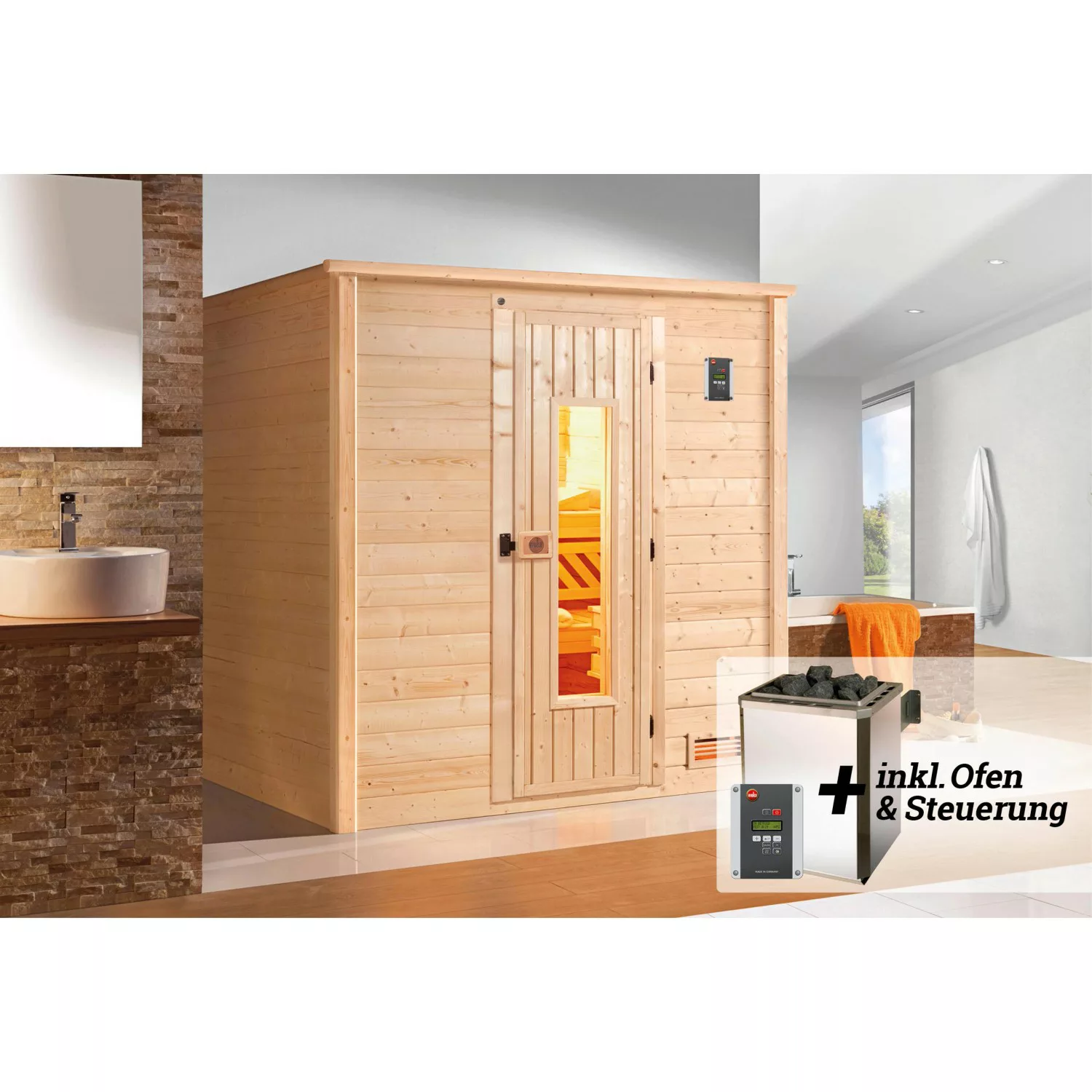 Weka Premium Massivholz-Sauna Bergen 1.8 Sparset 7,5 kW OS digi. Strg Holzt günstig online kaufen
