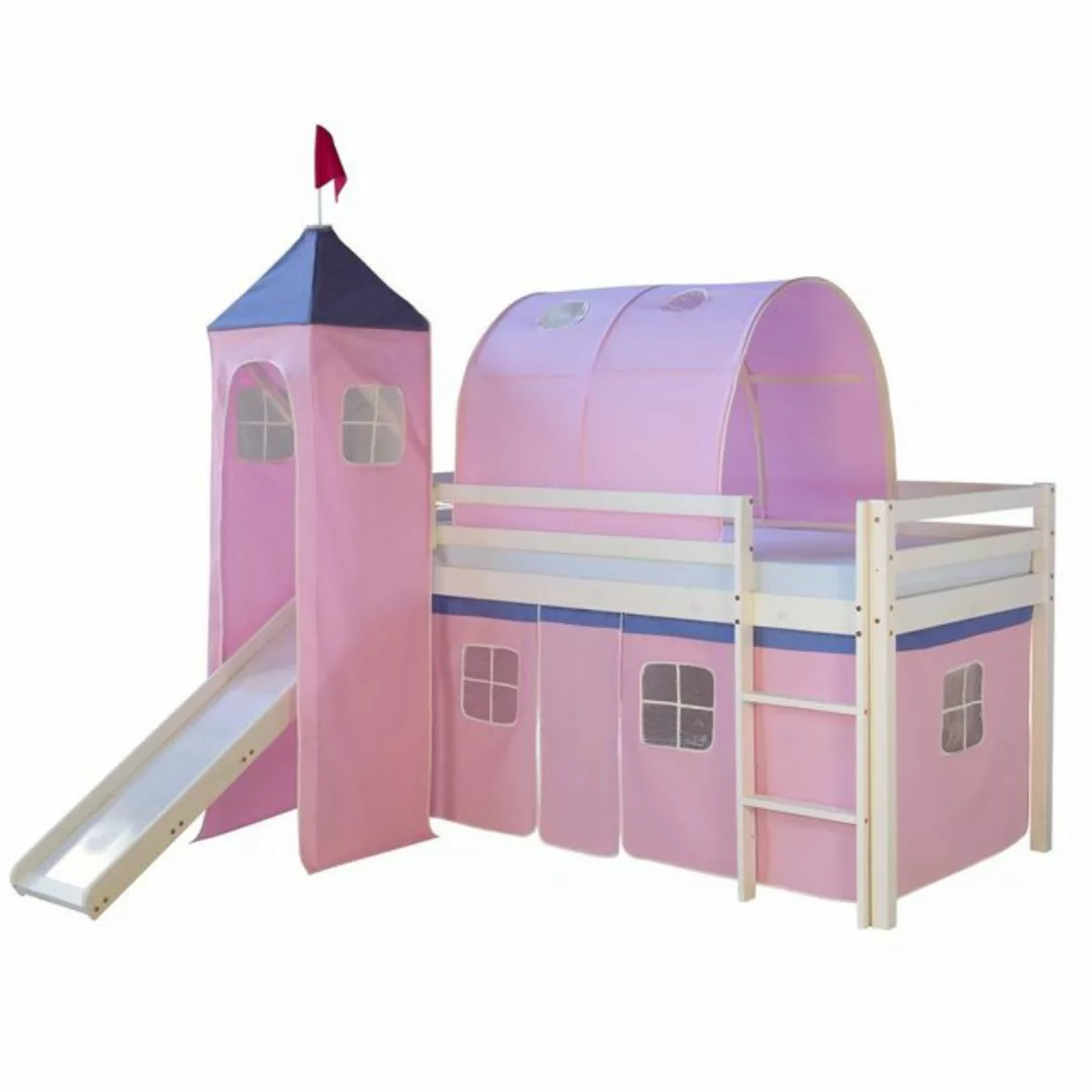 Homestyle4u Hochbett Kinderbett mit Leiter und Vorhang Weiß Rosa Holz Trepp günstig online kaufen