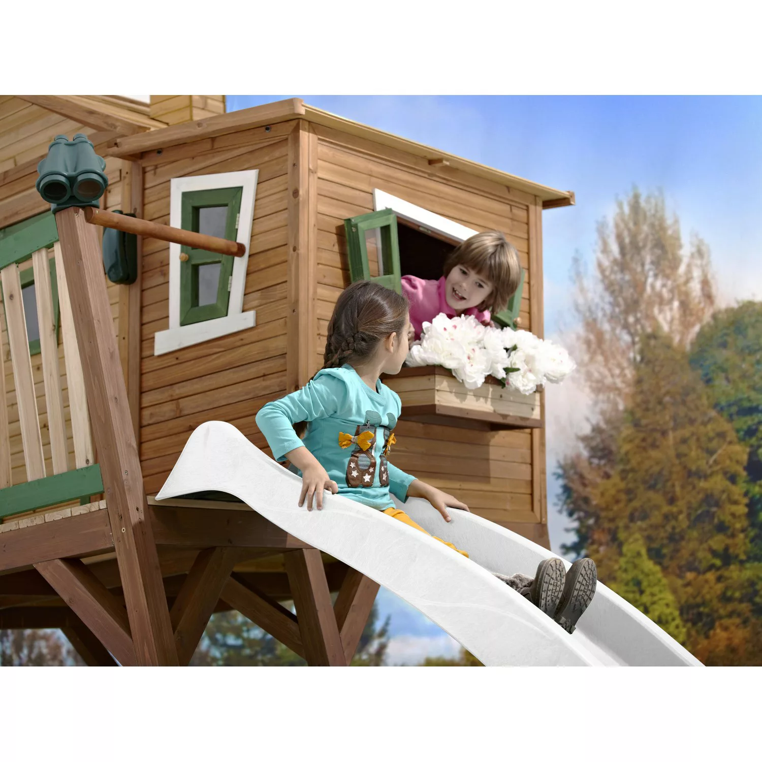 Axi Max Spielhaus Braun - Weiß mit Weißer Rutsche 193 x 432 x 288 cm günstig online kaufen