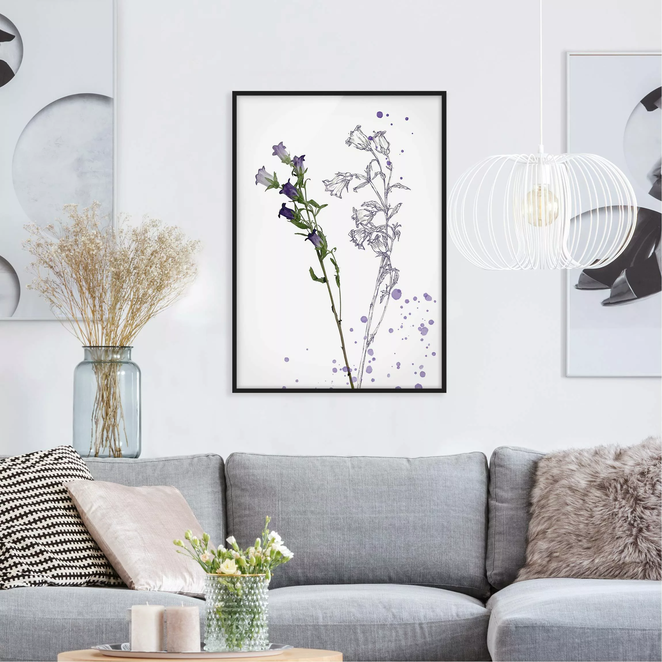 Bild mit Rahmen Blumen - Hochformat Botanisches Aquarell - Glockenblume günstig online kaufen
