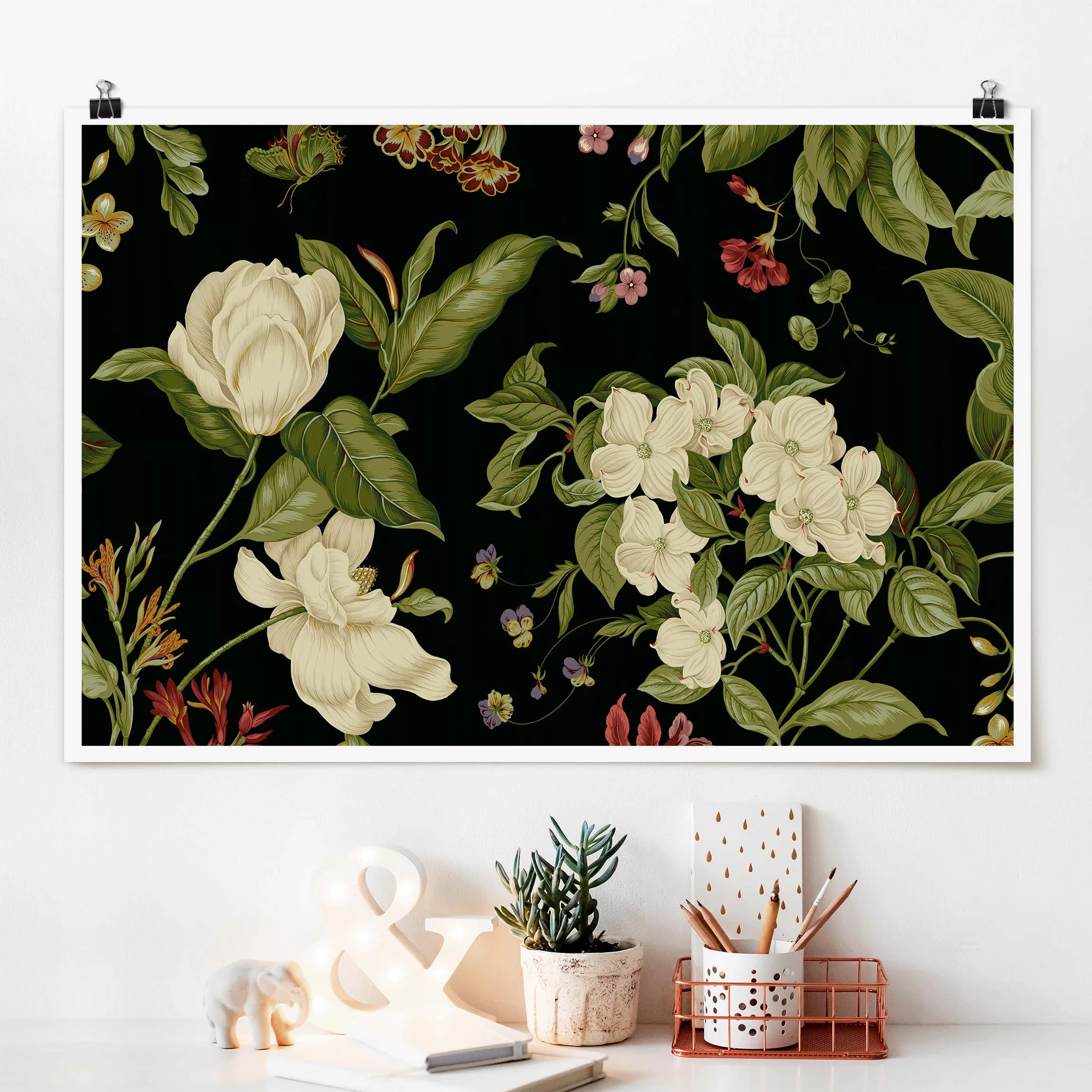 Poster Kunstdruck - Querformat Gartenblumen auf Schwarz I günstig online kaufen