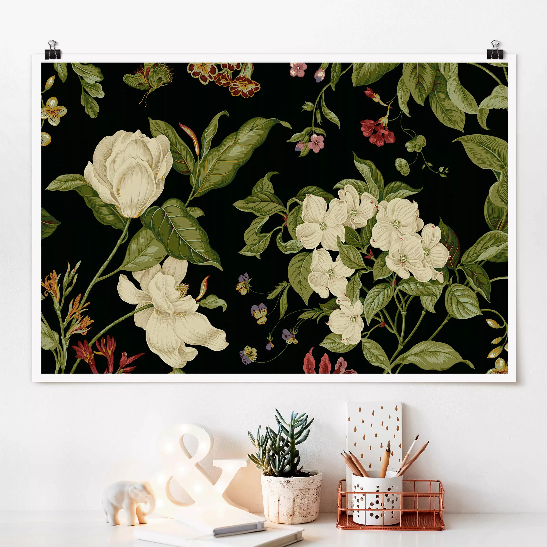 Poster - Querformat Gartenblumen auf Schwarz I günstig online kaufen