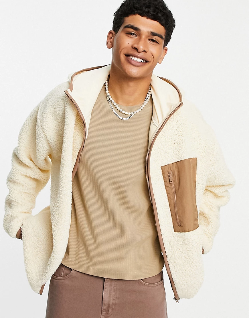 ASOS DESIGN – Oversized-Jacke aus Teddyfell in Beige mit Tasche-Neutral günstig online kaufen