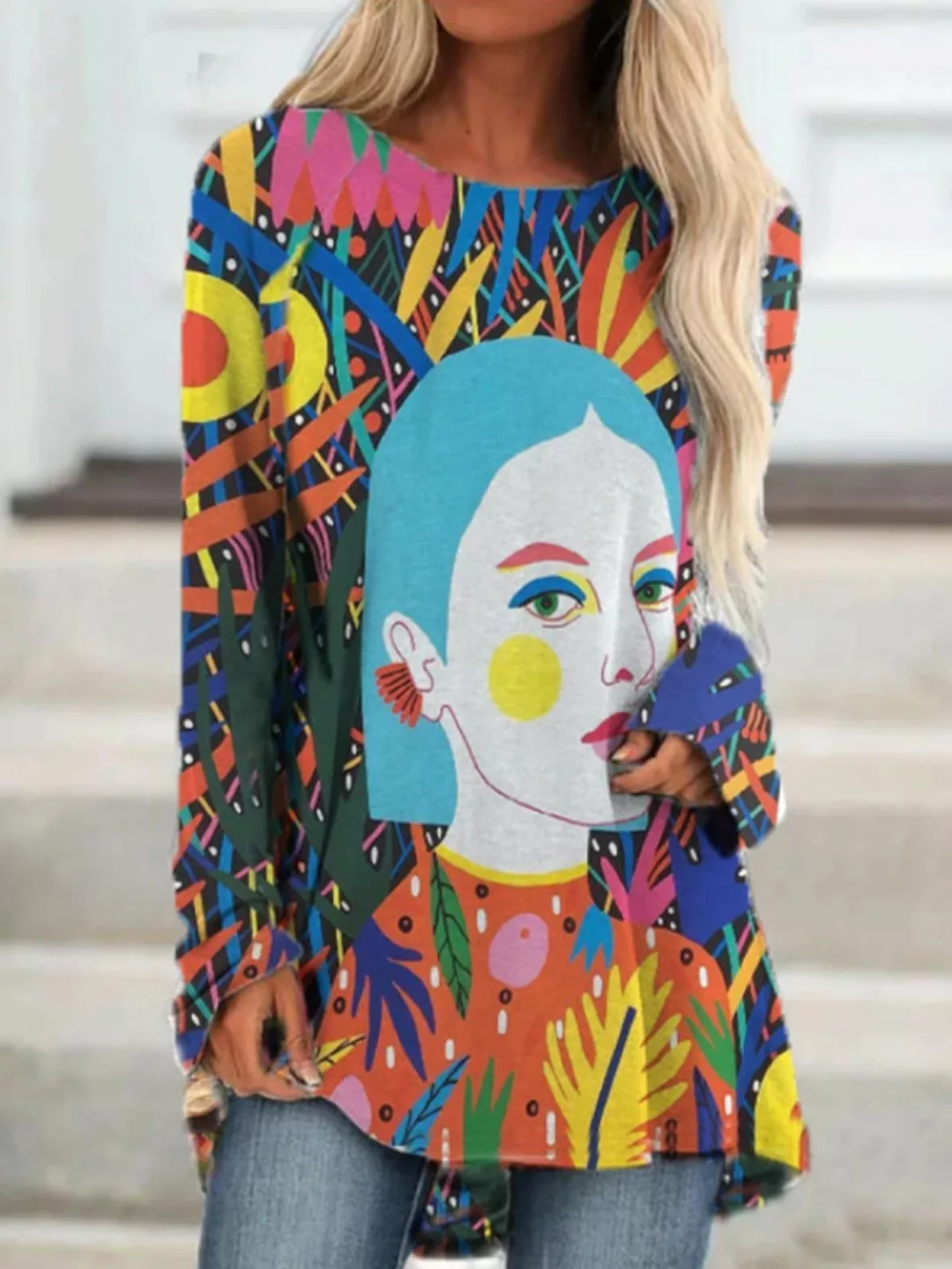 Mehrfarbige Langarm-O-Ausschnitt-Bluse mit Cartoon-Print für Damen günstig online kaufen