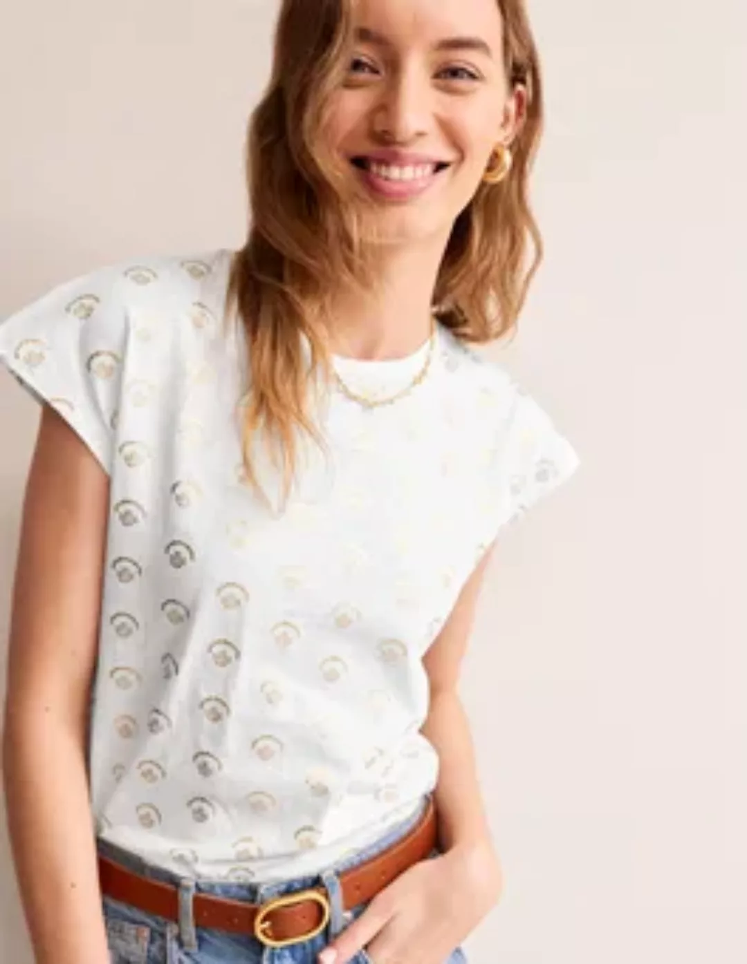 Louisa Flammgarn-T-Shirt mit Druck Damen Boden, Weiß, Winziger Zweig Folie günstig online kaufen