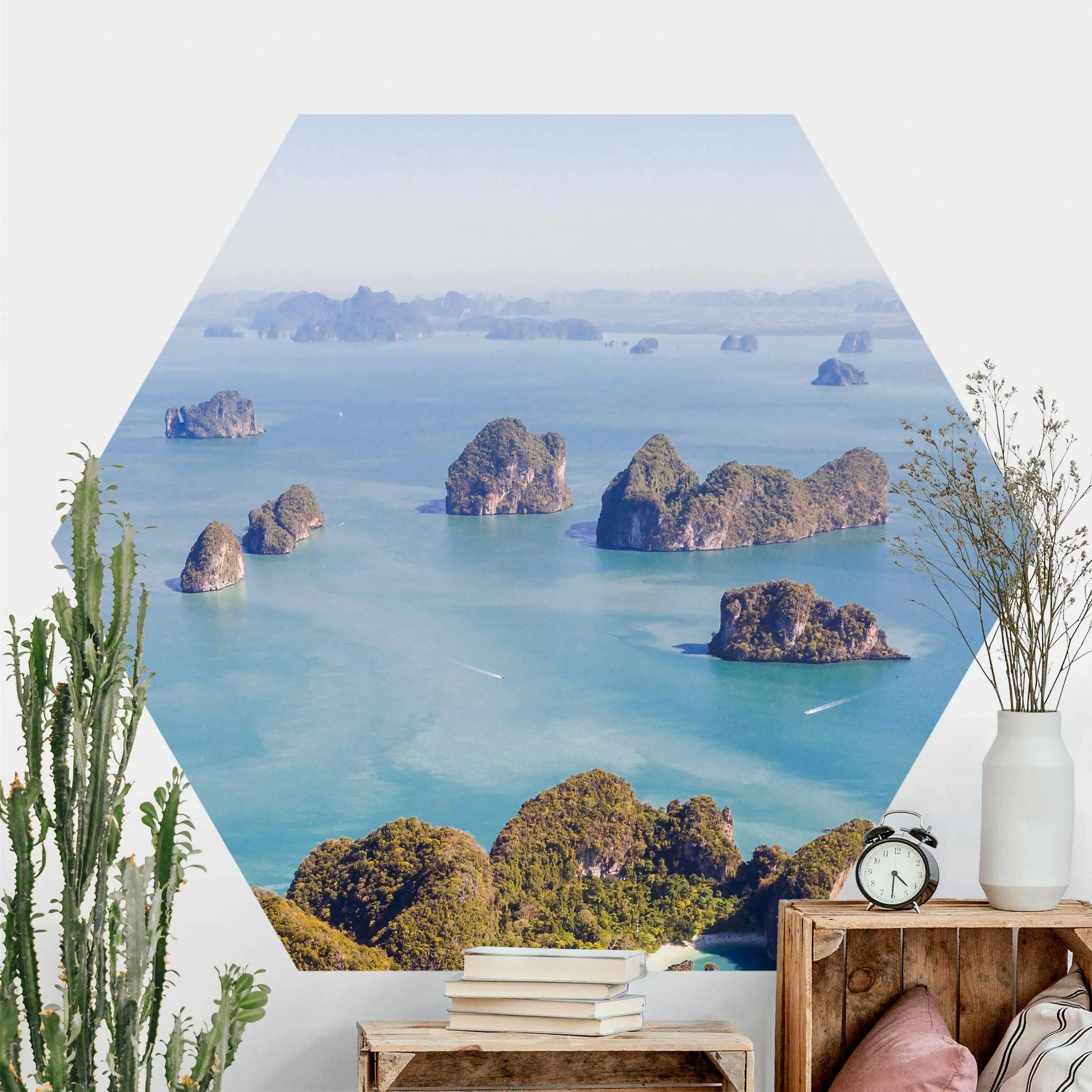 Hexagon Fototapete selbstklebend Inseln im Meer günstig online kaufen